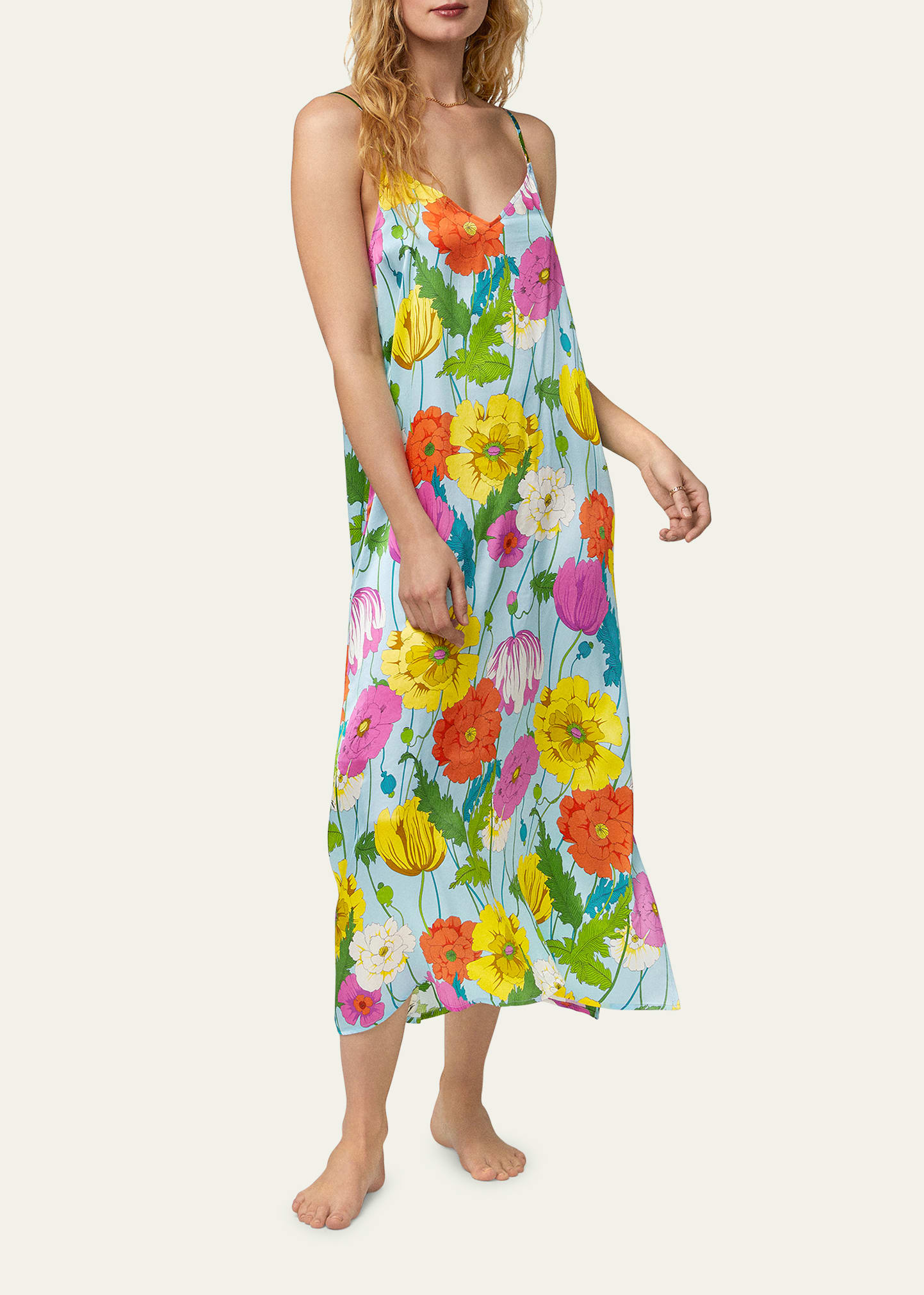 Trina Turk X Bedhead Pajamas V-neck Floral-print Satin Maxi Chemise In Sunny Blossom