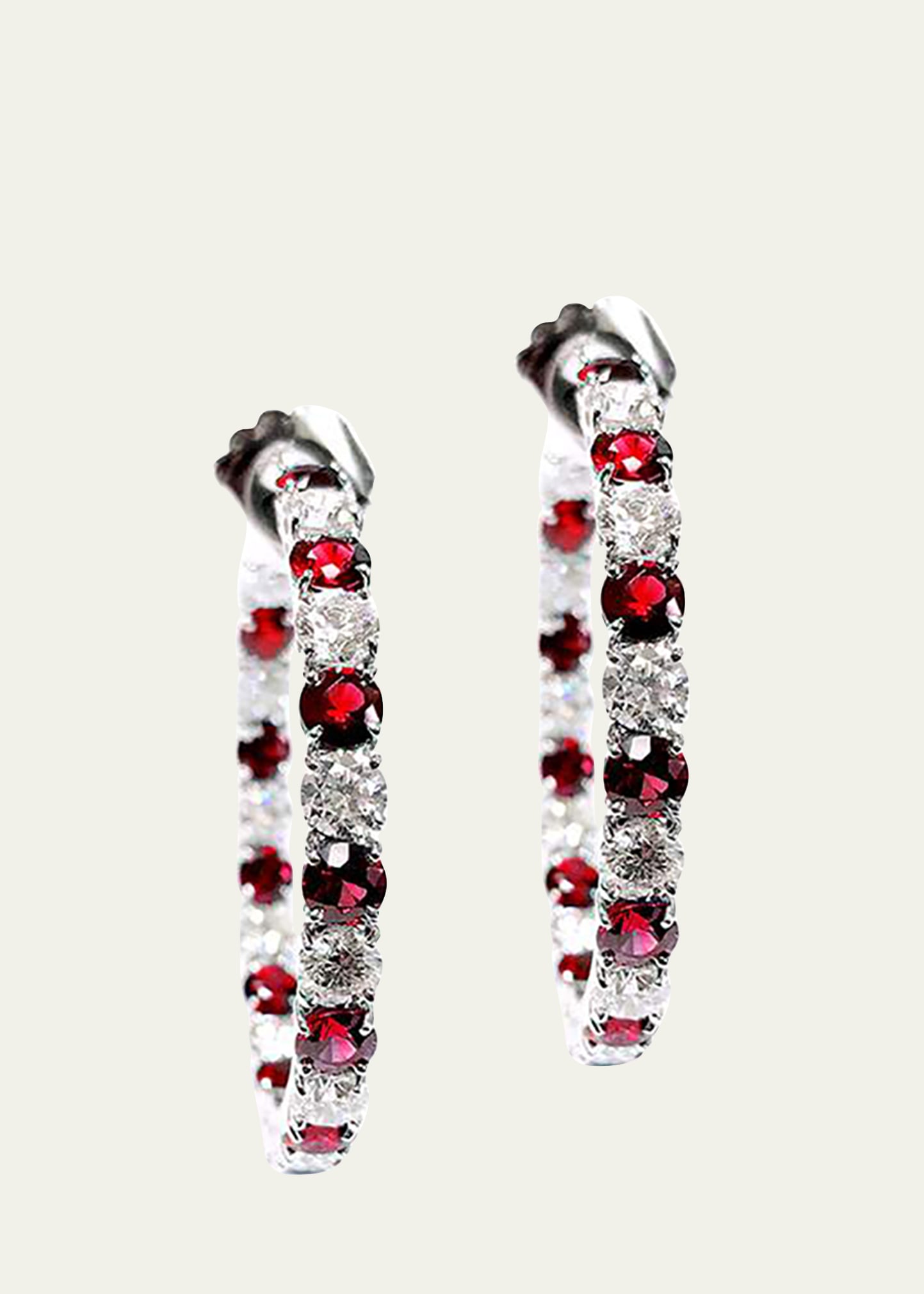 Bayco White Gold Medium Hoop Earrings With Ruby and Diamond