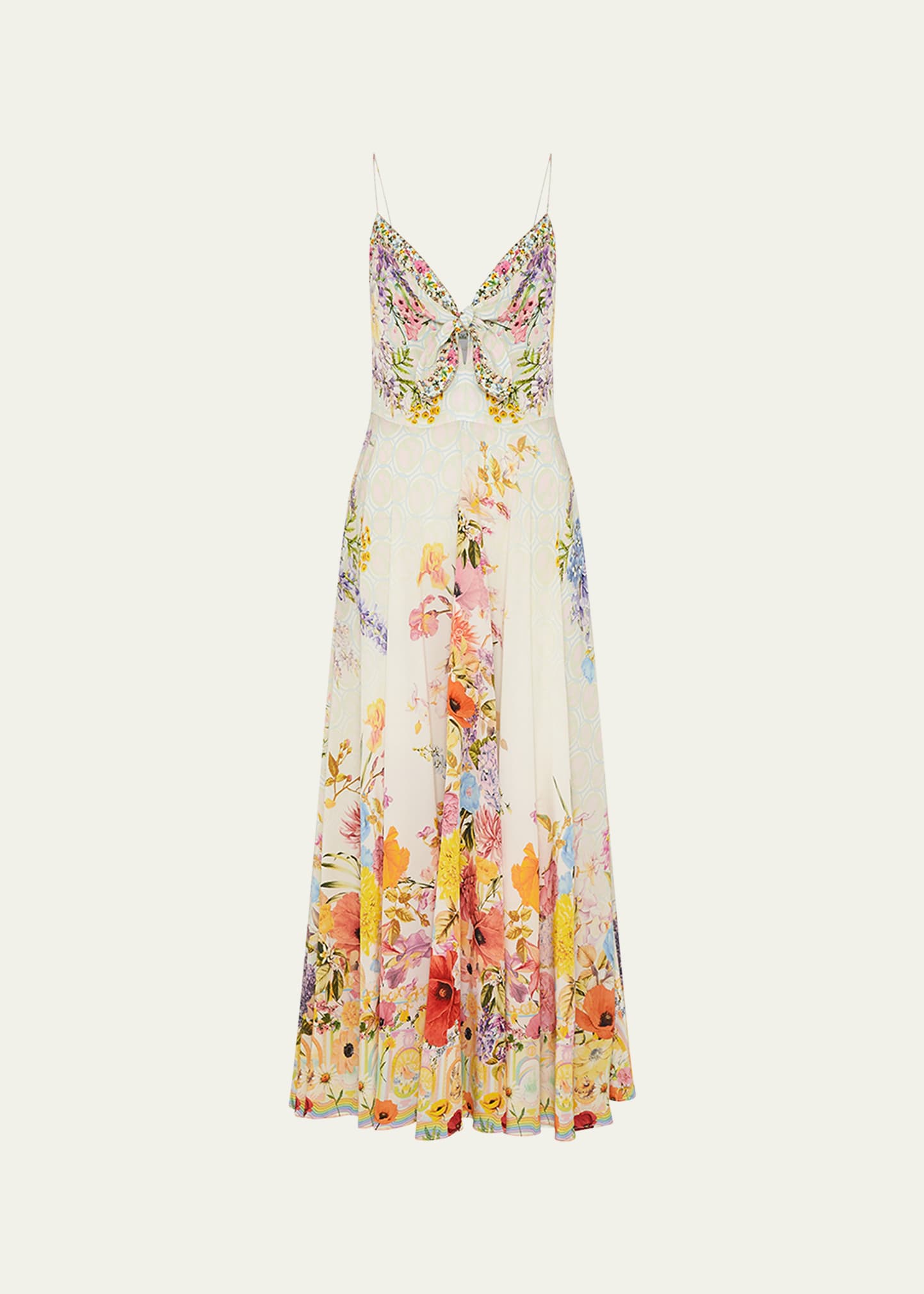 Multi-Pattern Printed Tie-Front Maxi Dress