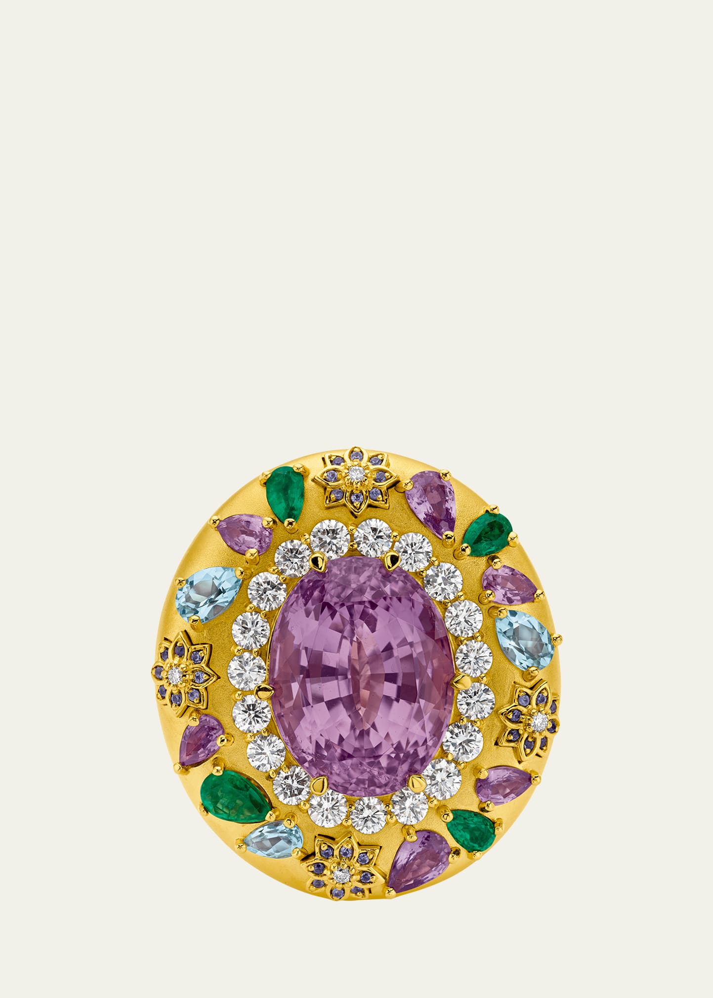 Buddha Mama 20k Cocktail Ring With Kunzite, Diamonds, Emeralds, Tanzanite And Pink Sapphires