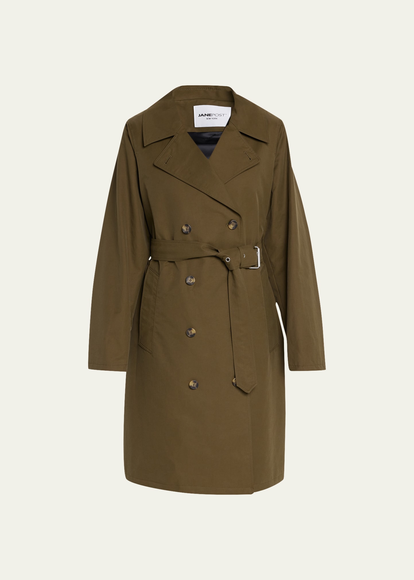 Jane Post Mack Belted Trench Coat In Olive