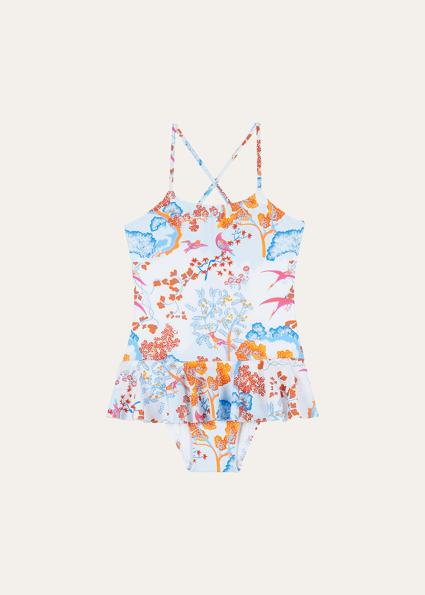 Shop Vilebrequin Girl's Peace Trees-print Ruffled One-piece Swimsuit In Blanc