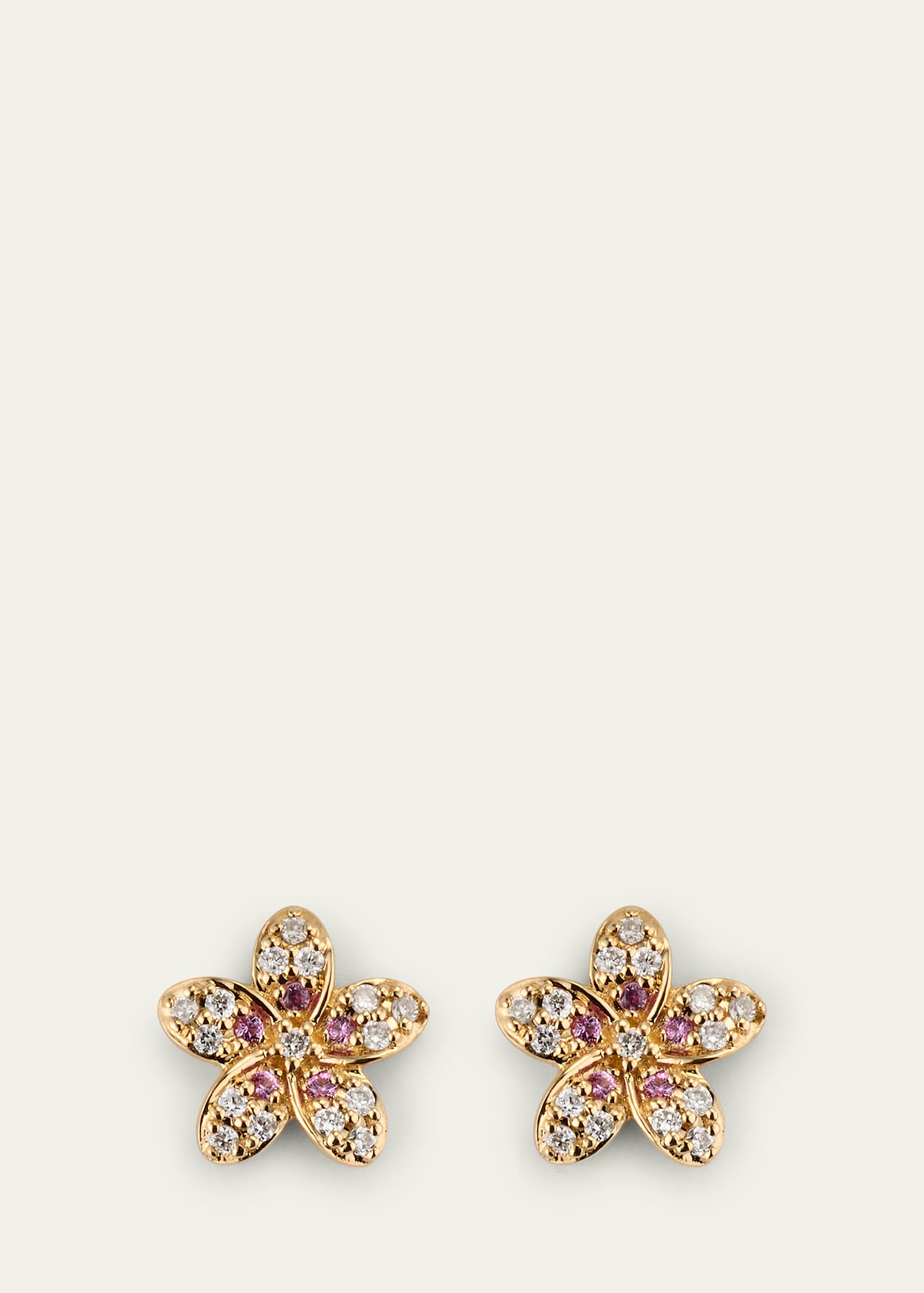 14k Diamond and Pink Sapphire Plumeria Stud Earrings
