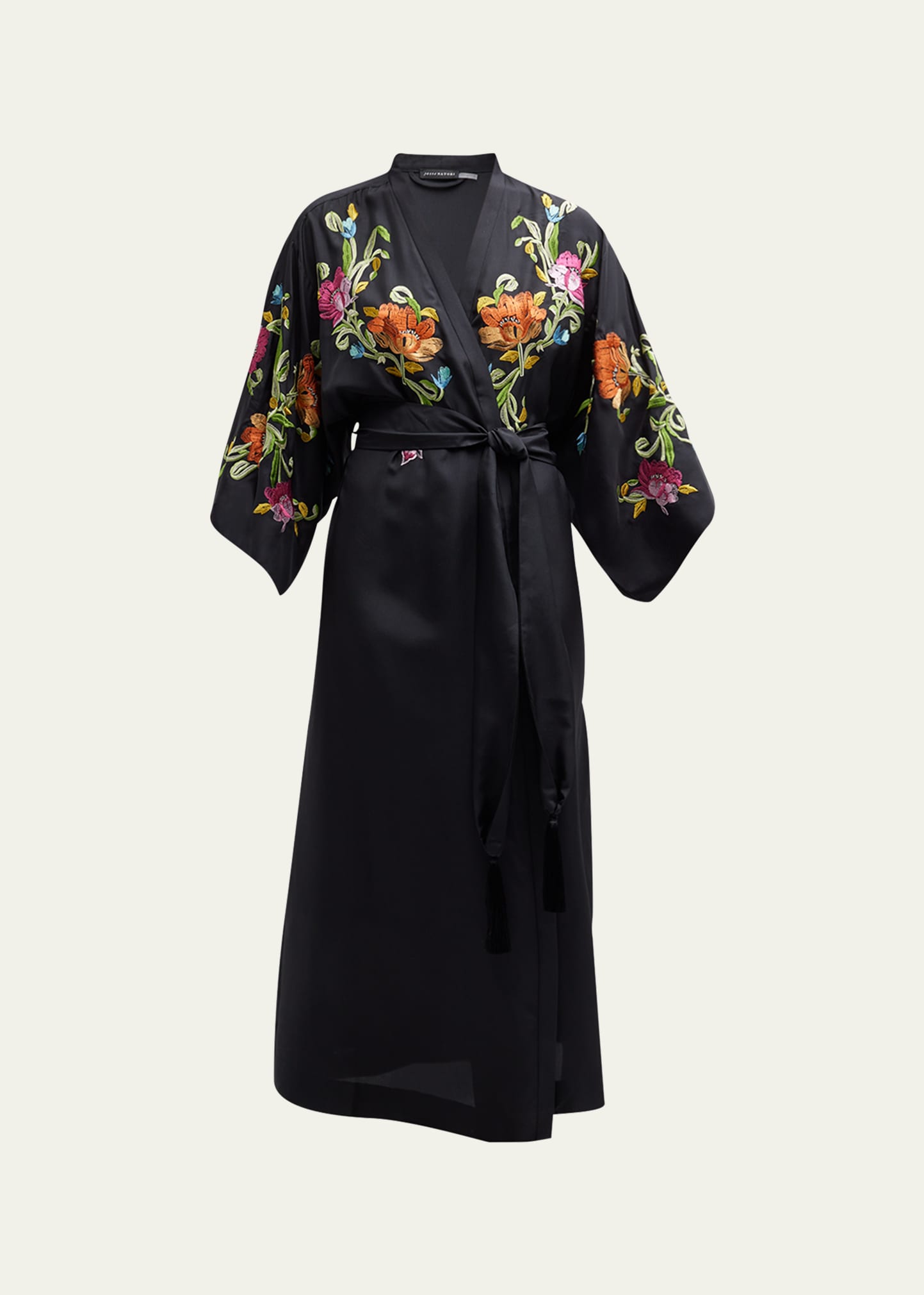 Josie Natori Shinjo Floral-Embroidered Kimono-Sleeve Robe