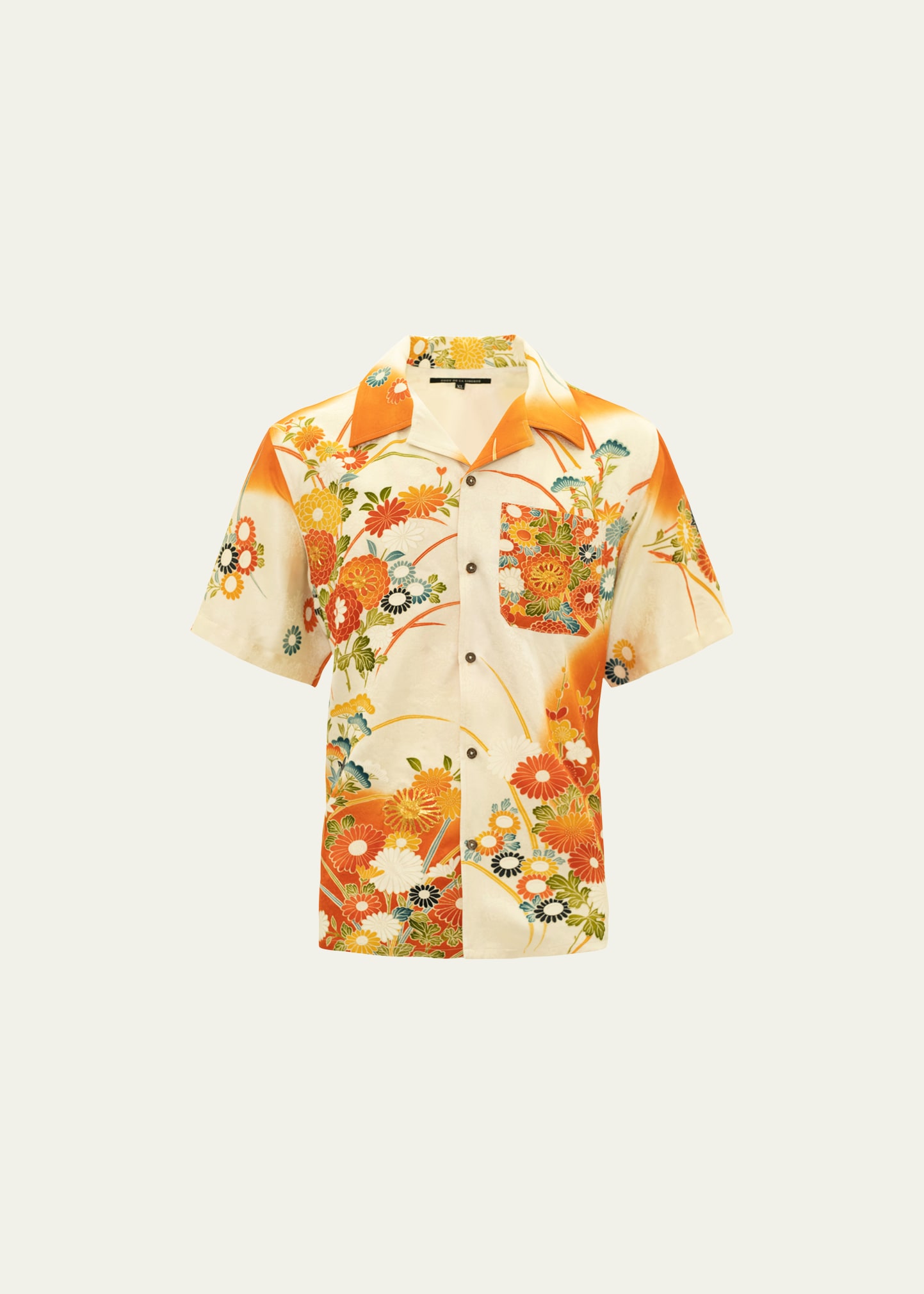 Cout De La Liberte Men's Ecru Silk Orange Floral Print Kimono Shirt