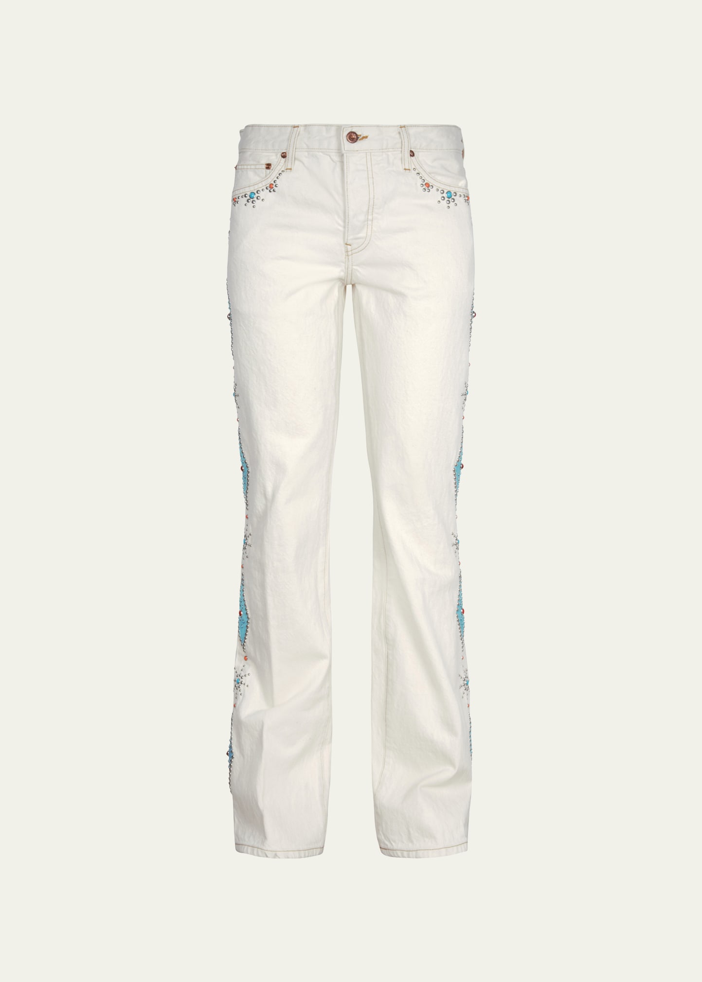 Cout De La Liberte Men's Ecru Cotton Flare Jeans with Turquoise Details