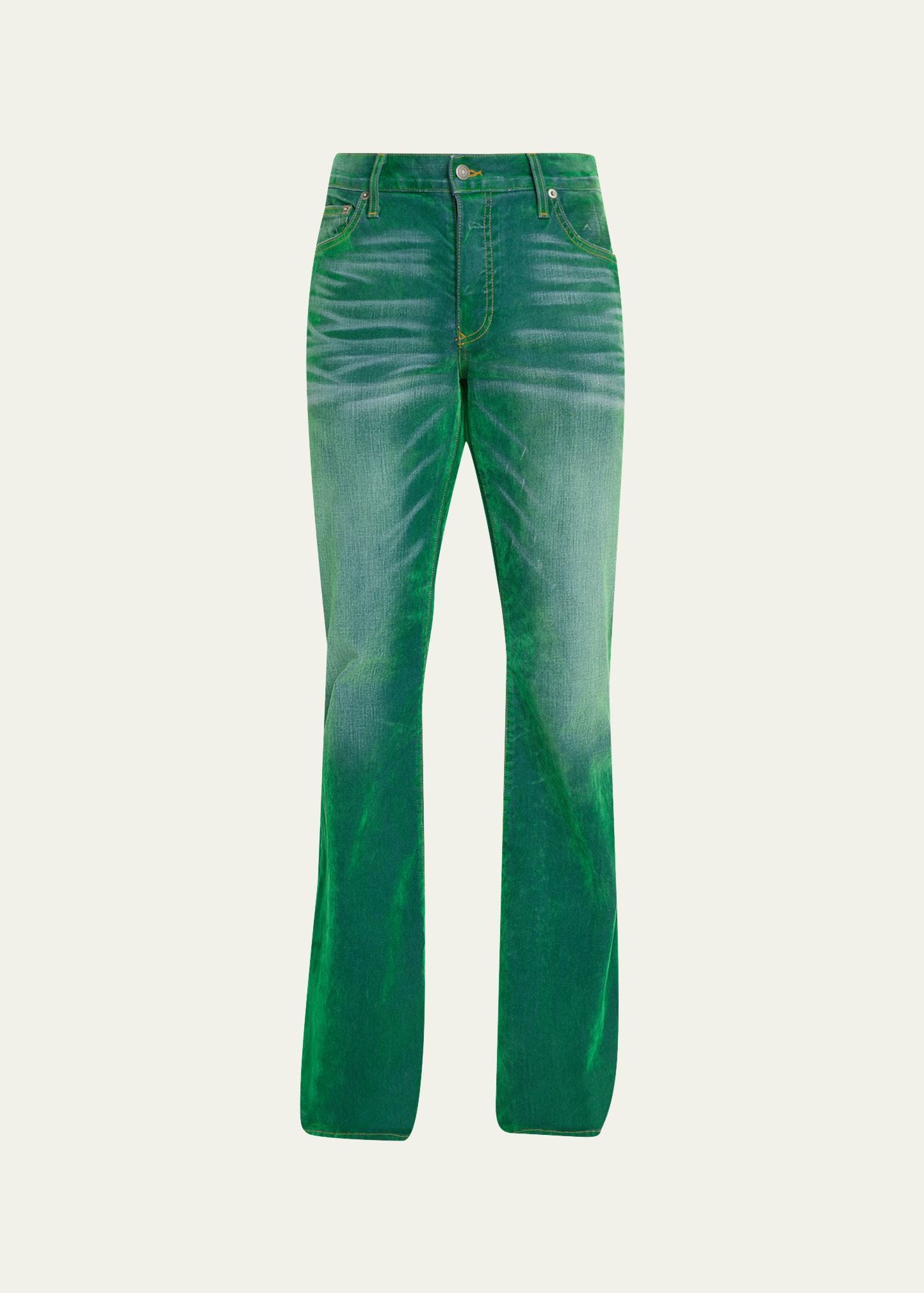 Cout De La Liberte Men's Iridescent Velvet Stretch Flared Jeans In Green