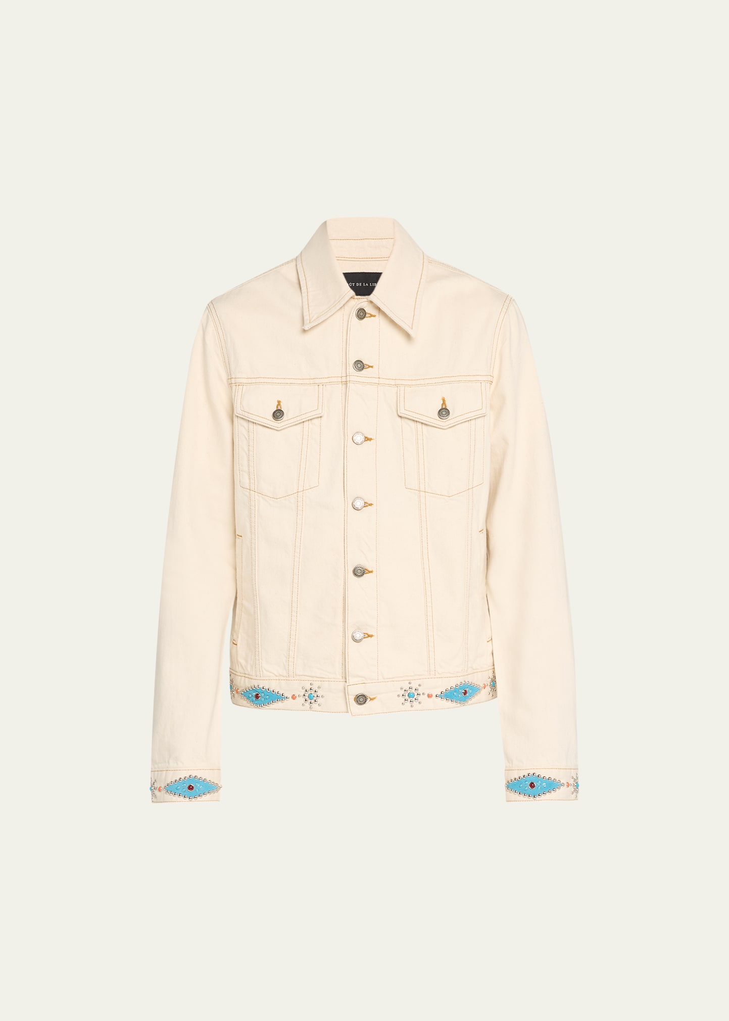 Cout De La Liberte Men's Ecru Cotton Trucker Jacket with Turquoise Details