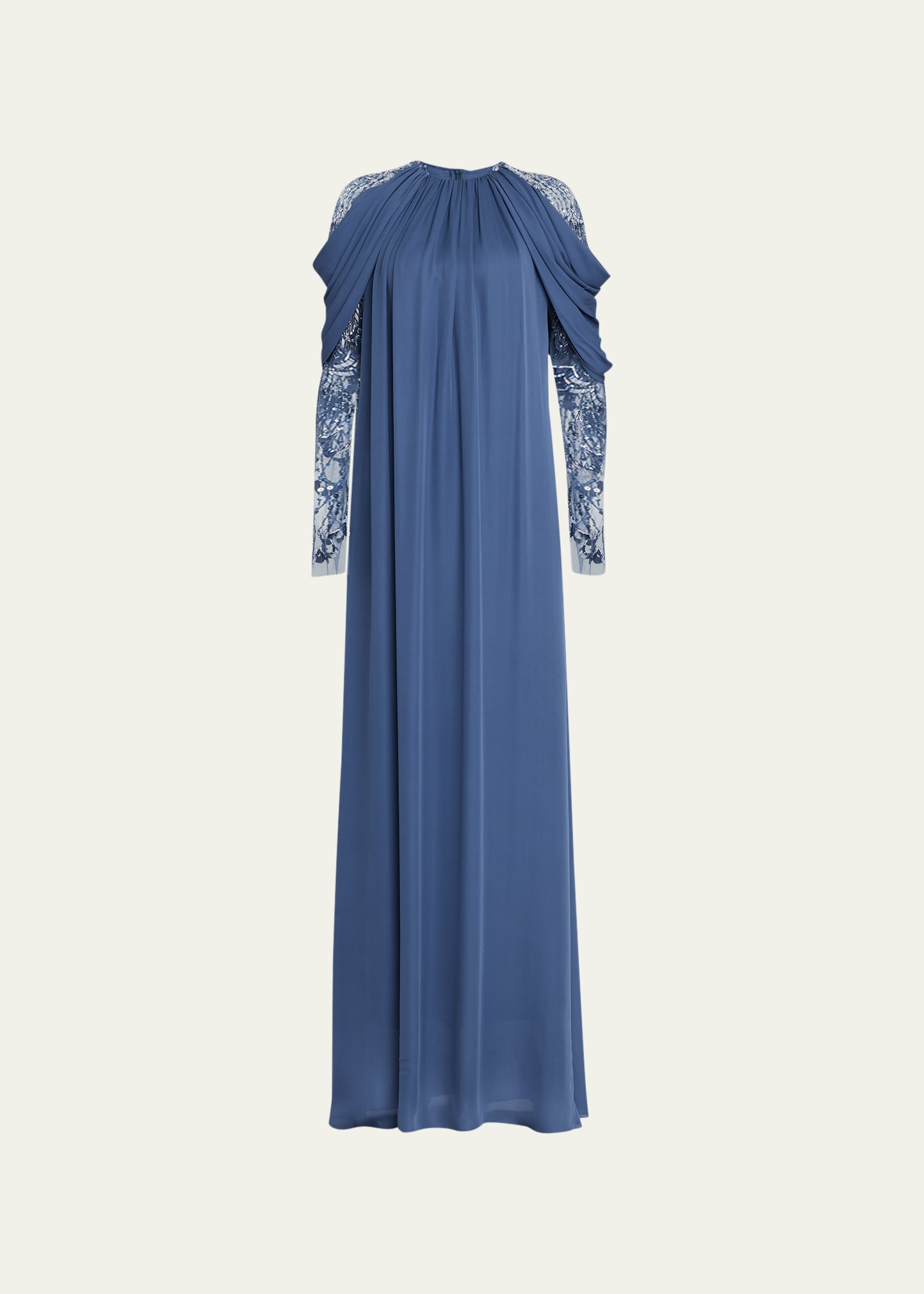 Pamella Roland Embroidered Tulle Sleeve Silk Caftan In Persian Blue