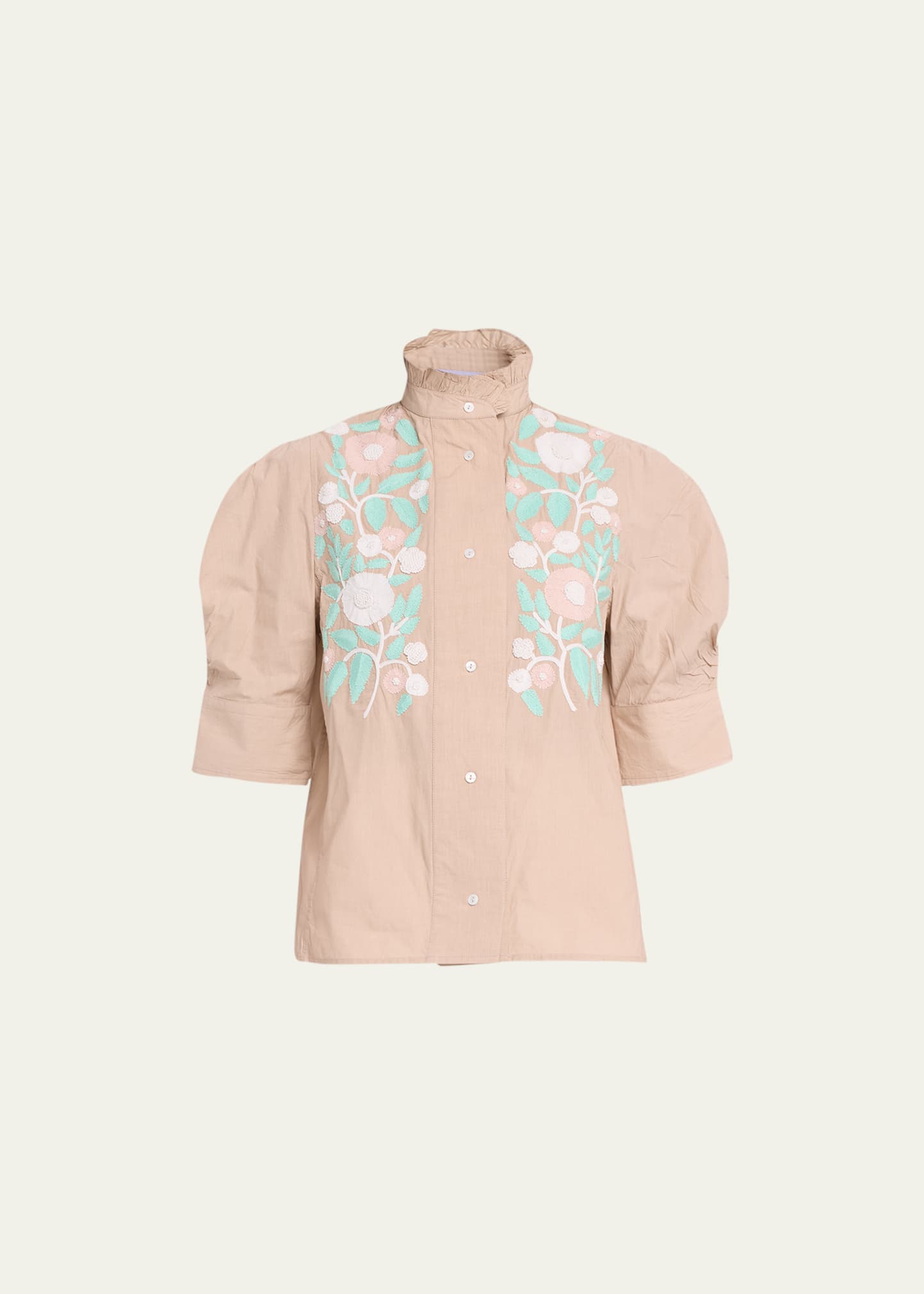 Thierry Colson Vita Floral-embroidered High-neck Blouse In Carmelite