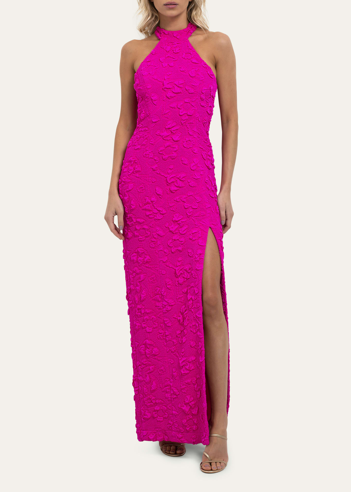 Patbo Stretch Jacquard High-neck Maxi Dress In Neon Pink