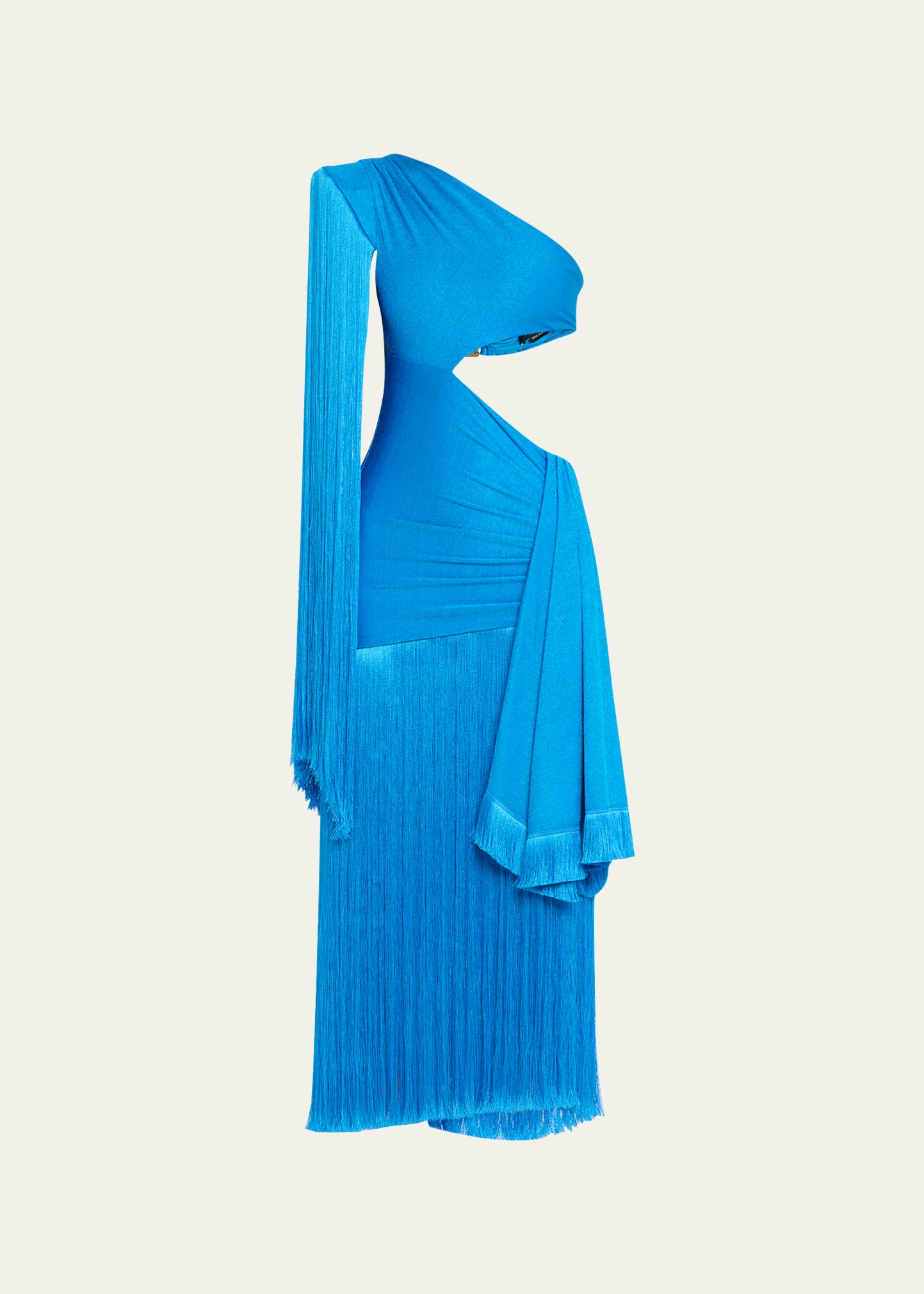 Fringe-Trim One-Shoulder Cutout Maxi Dress