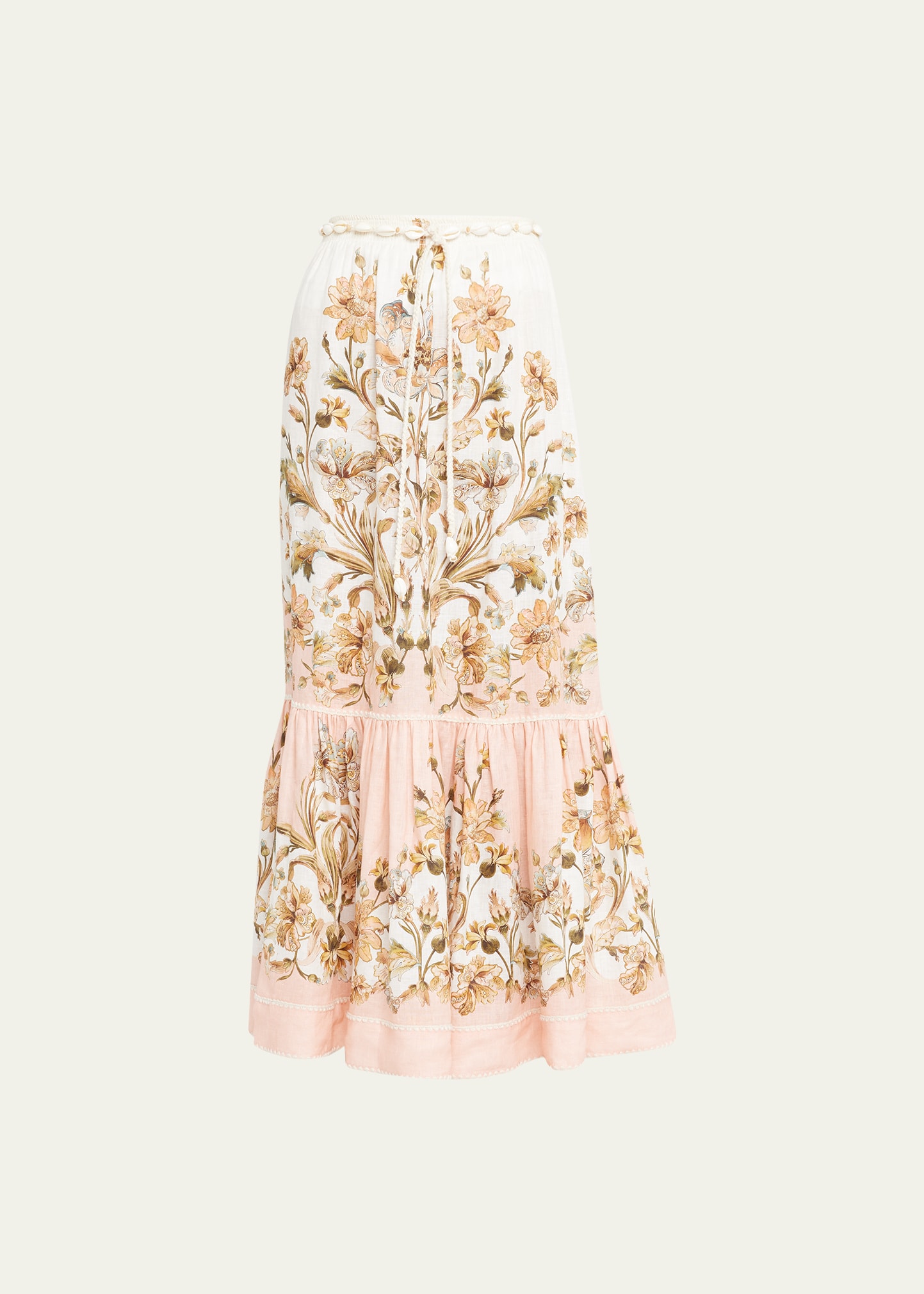 Zimmermann Chintz Belted Tiered Floral-print Linen Midi Skirt In Pink Daisy Floral