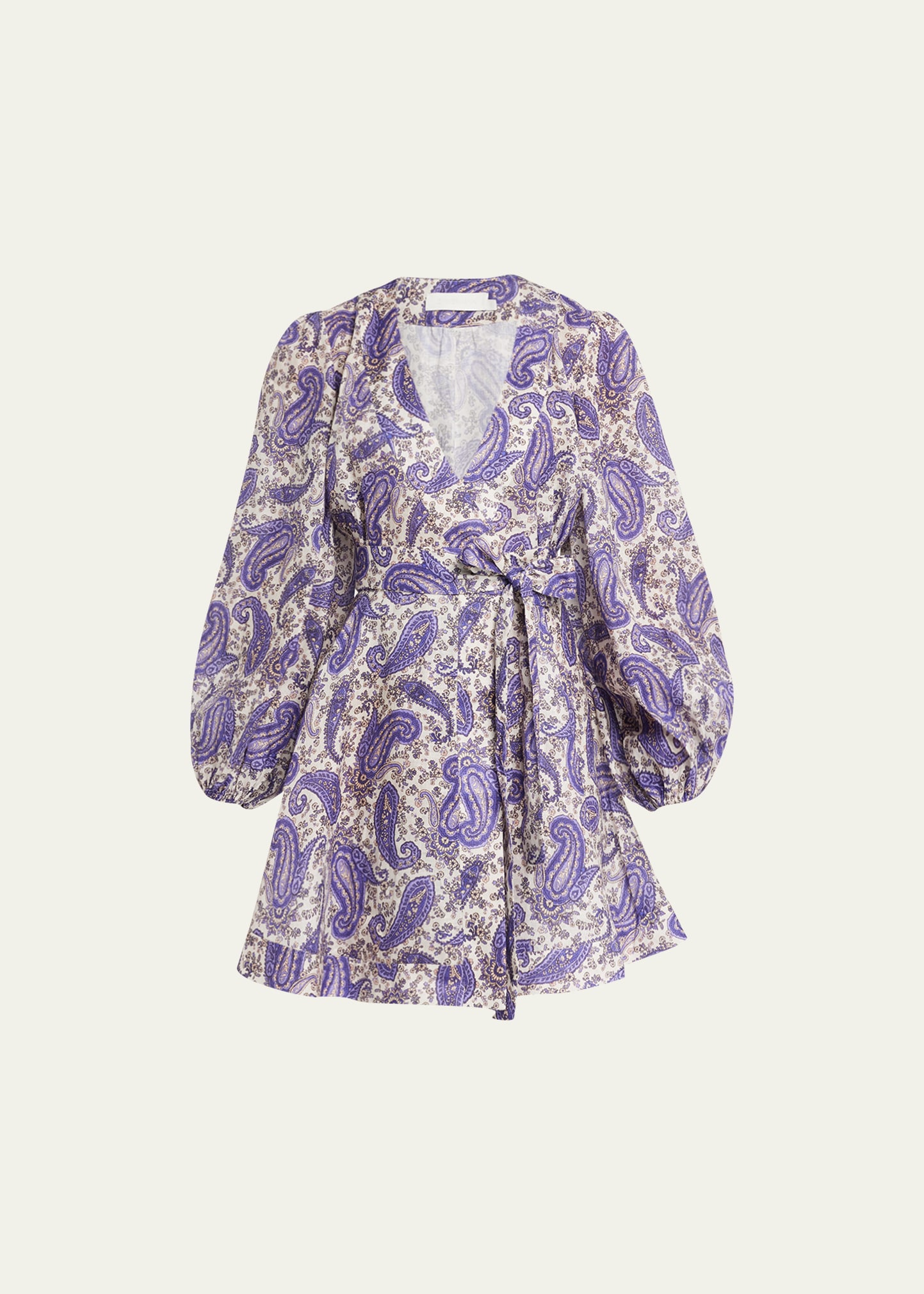 Zimmermann Devi Printed Linen Wrap Mini Dress In Indigo/cream Paisley In Indigo/cream Pais