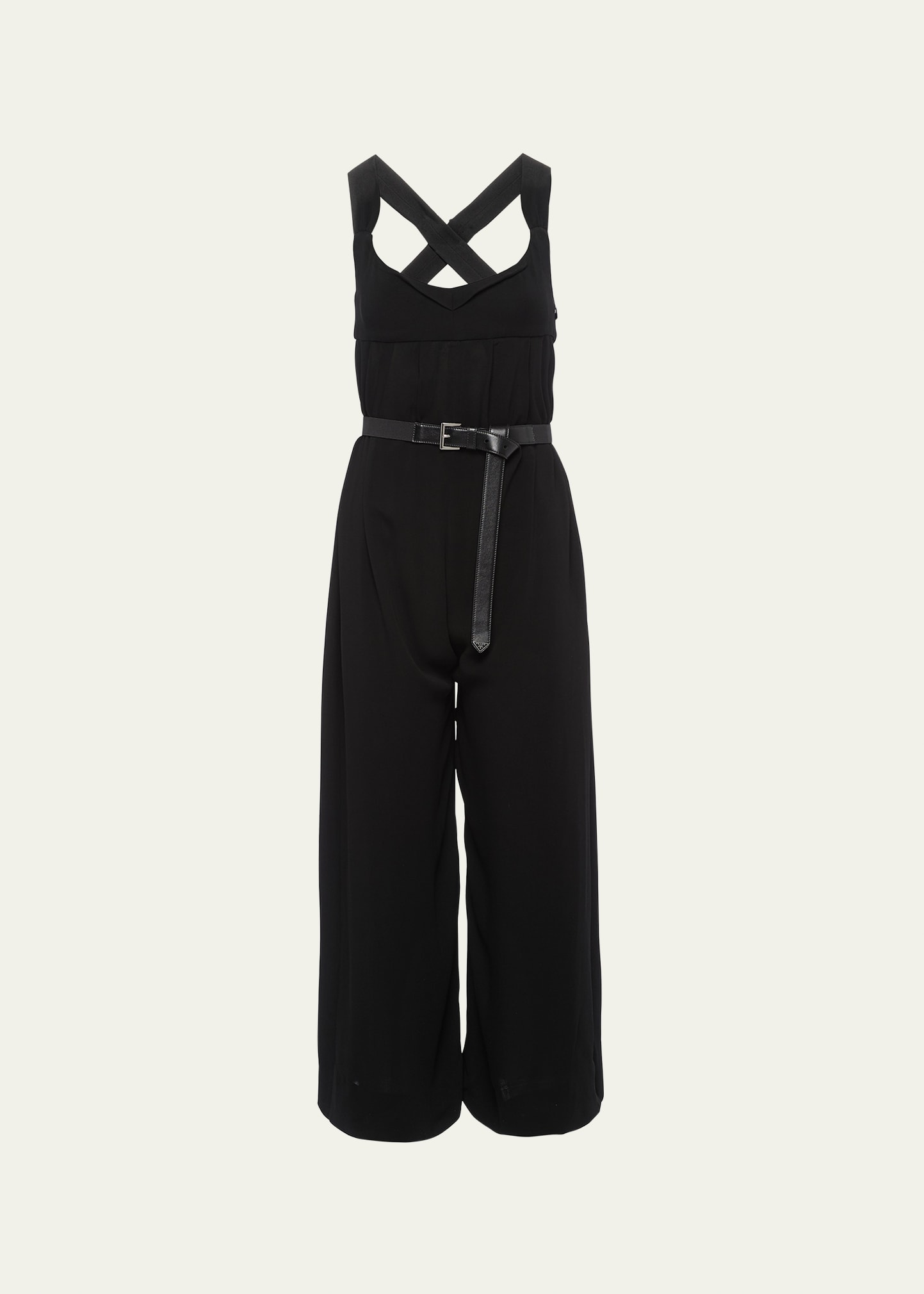 Leather Belted Wide-Leg Crepe Jumpsuit