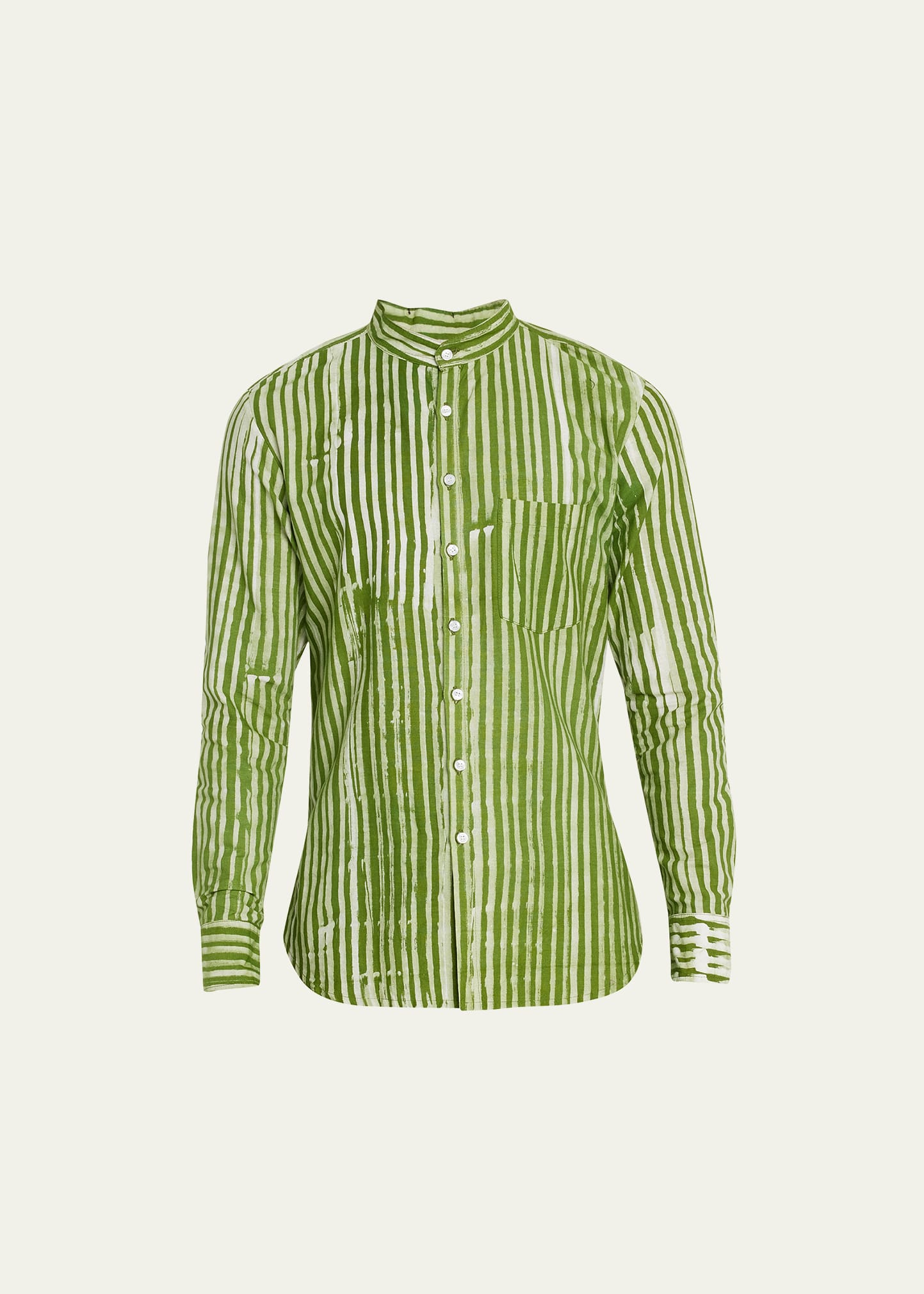 Studio 189 Men's Batik Striped Band-collar Sport Shirt In Green