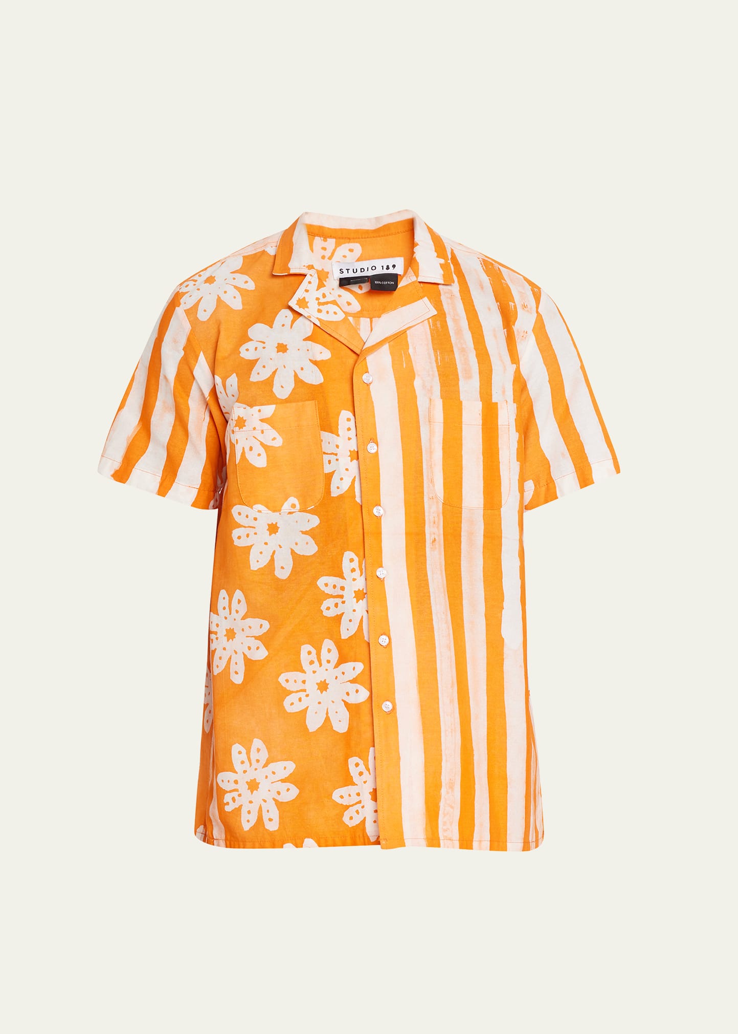Studio 189 Men's Batik Daisy And Stripe Camp Shirt In Tangerine