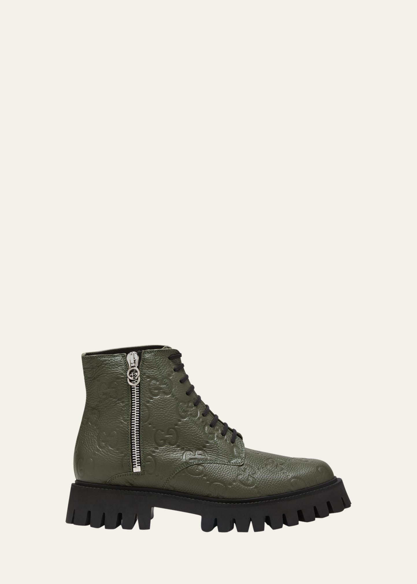 Gucci Men's Novo Gg Leather Lug Sole Lace-up Boots In Dk Vintage Olive