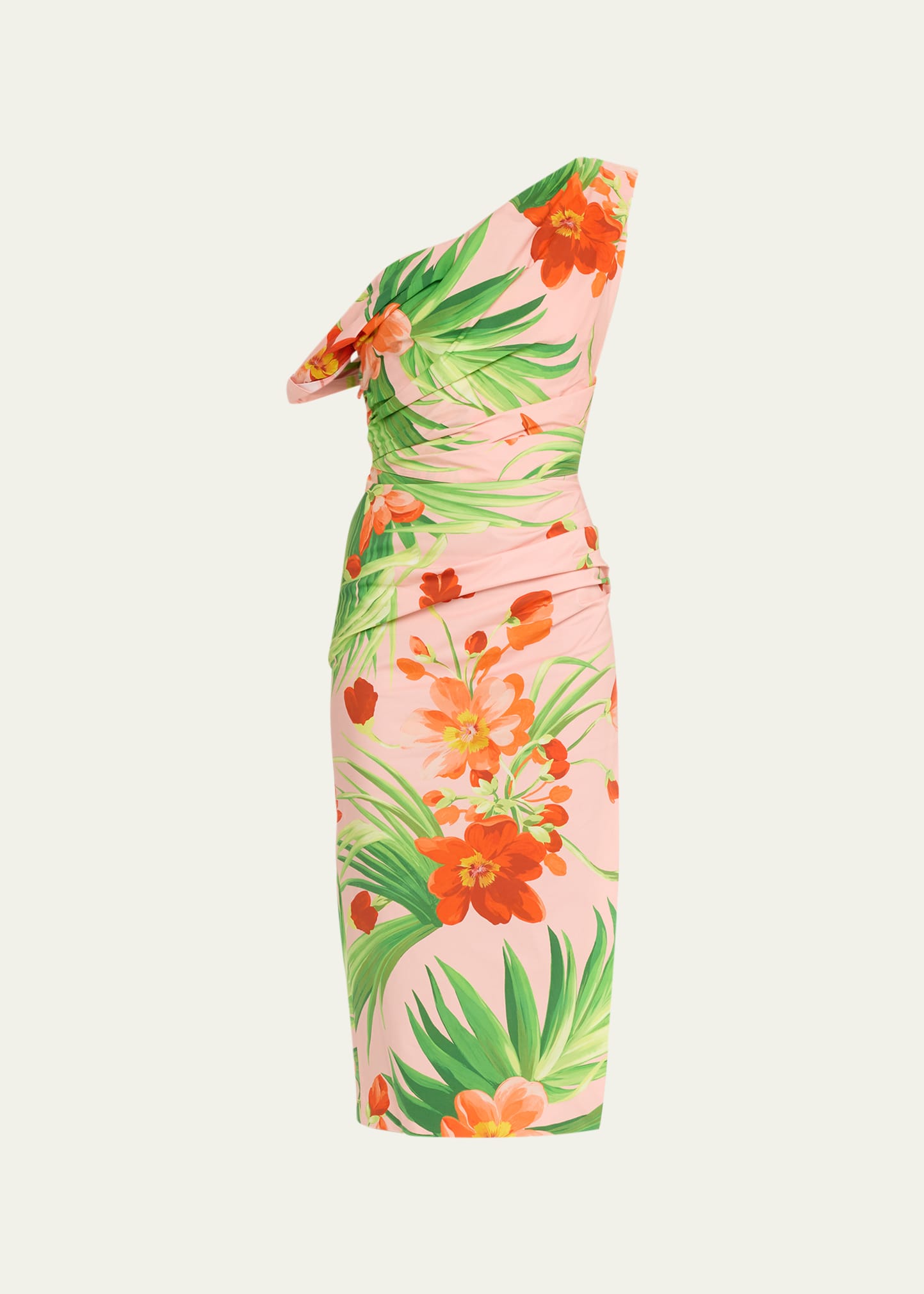 Carolina Herrera Floral-print Ruched Bodice Off-shoulder Midi Dress In Shell Pk M