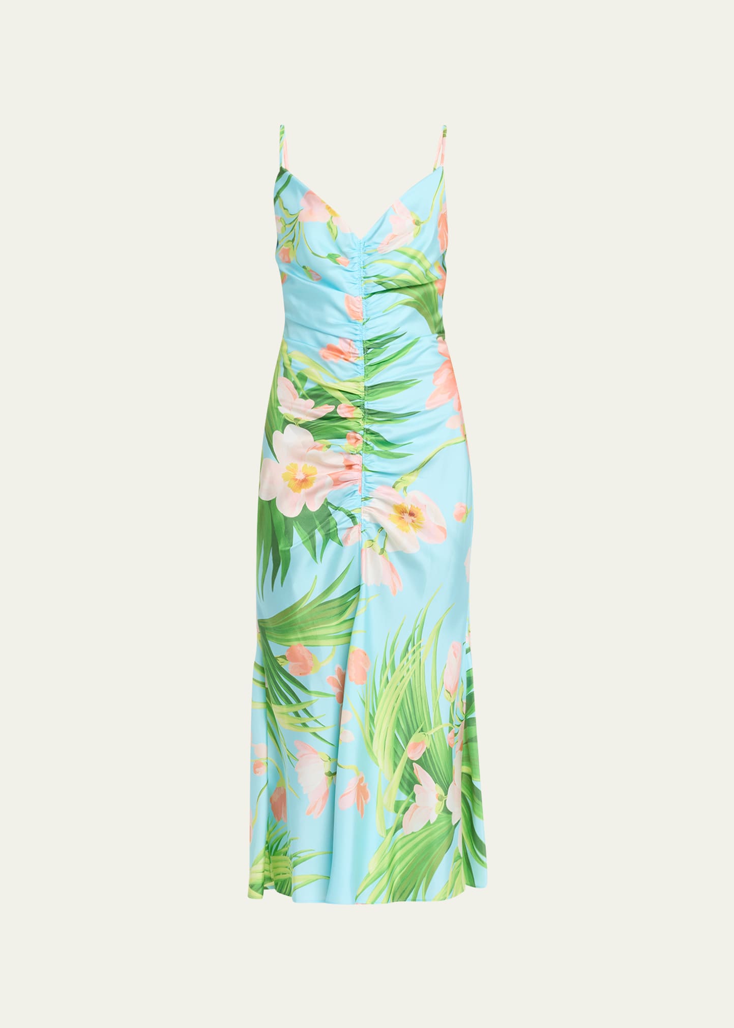 Carolina Herrera Tropical-print Ruched Cutout Midi Dress In Blue | ModeSens