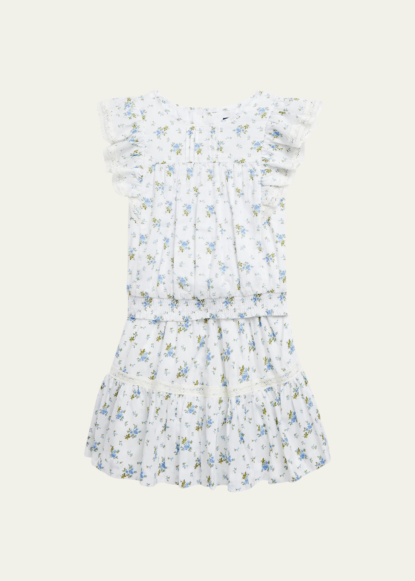 Girl's Floral-Print Lace Trim Top & Skirt Set, Size 4-6X