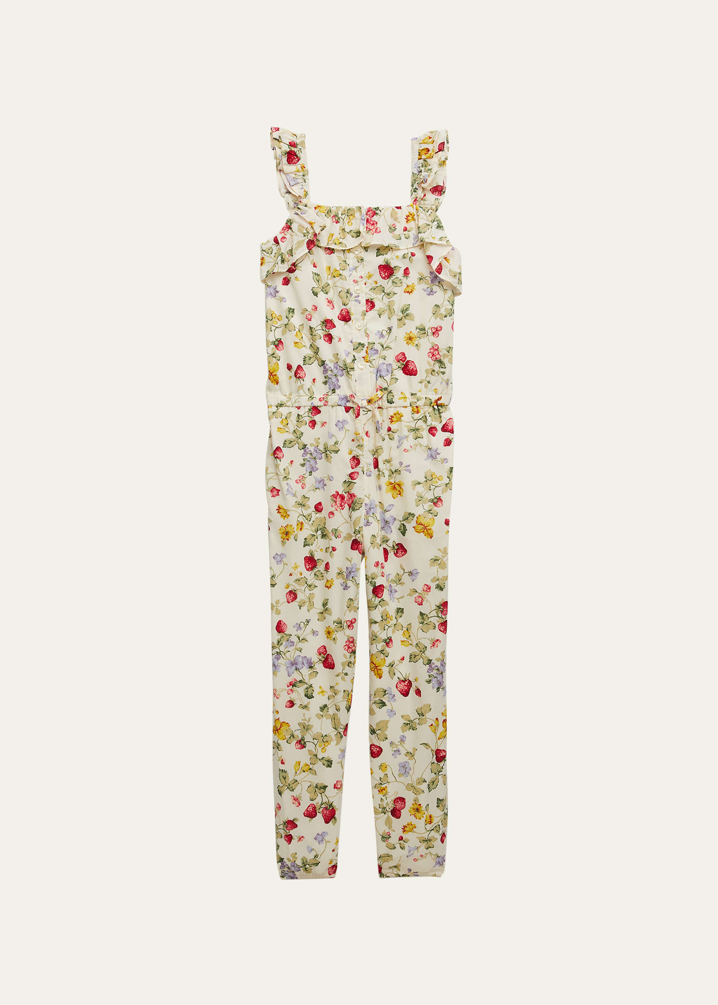 Girl's Smocked Floral & Fruit-Print Jumpsuit, Size 7-16