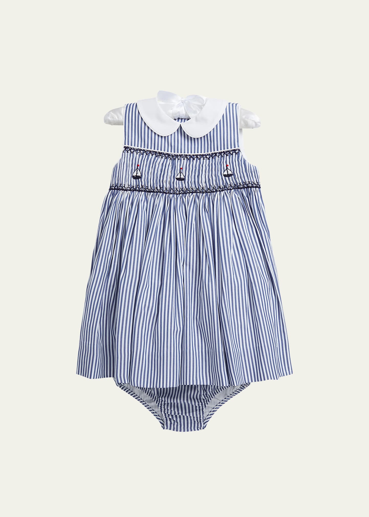 Girl's Striped Hand-Smocked Sailboat Dress, Size 9M-24M