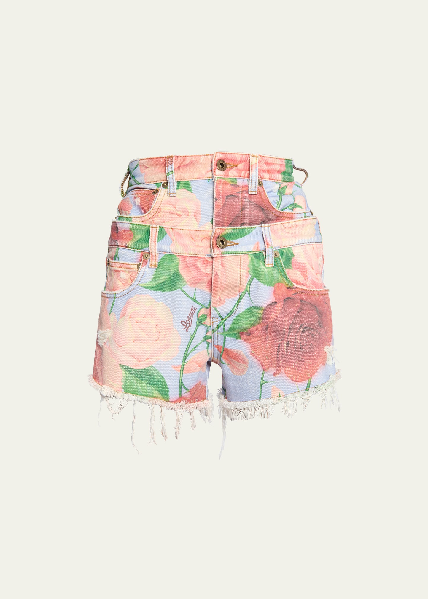 Loewe + Paula's Ibiza Roses Layered Frayed Floral-print Denim Shorts In Pink Red