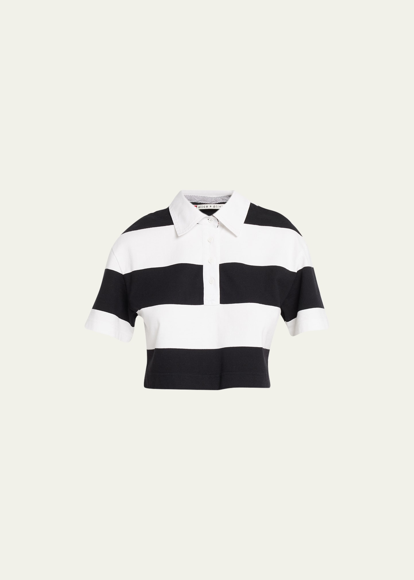 Alice And Olivia Treva Cropped Polo Shirt In Black/ White | ModeSens