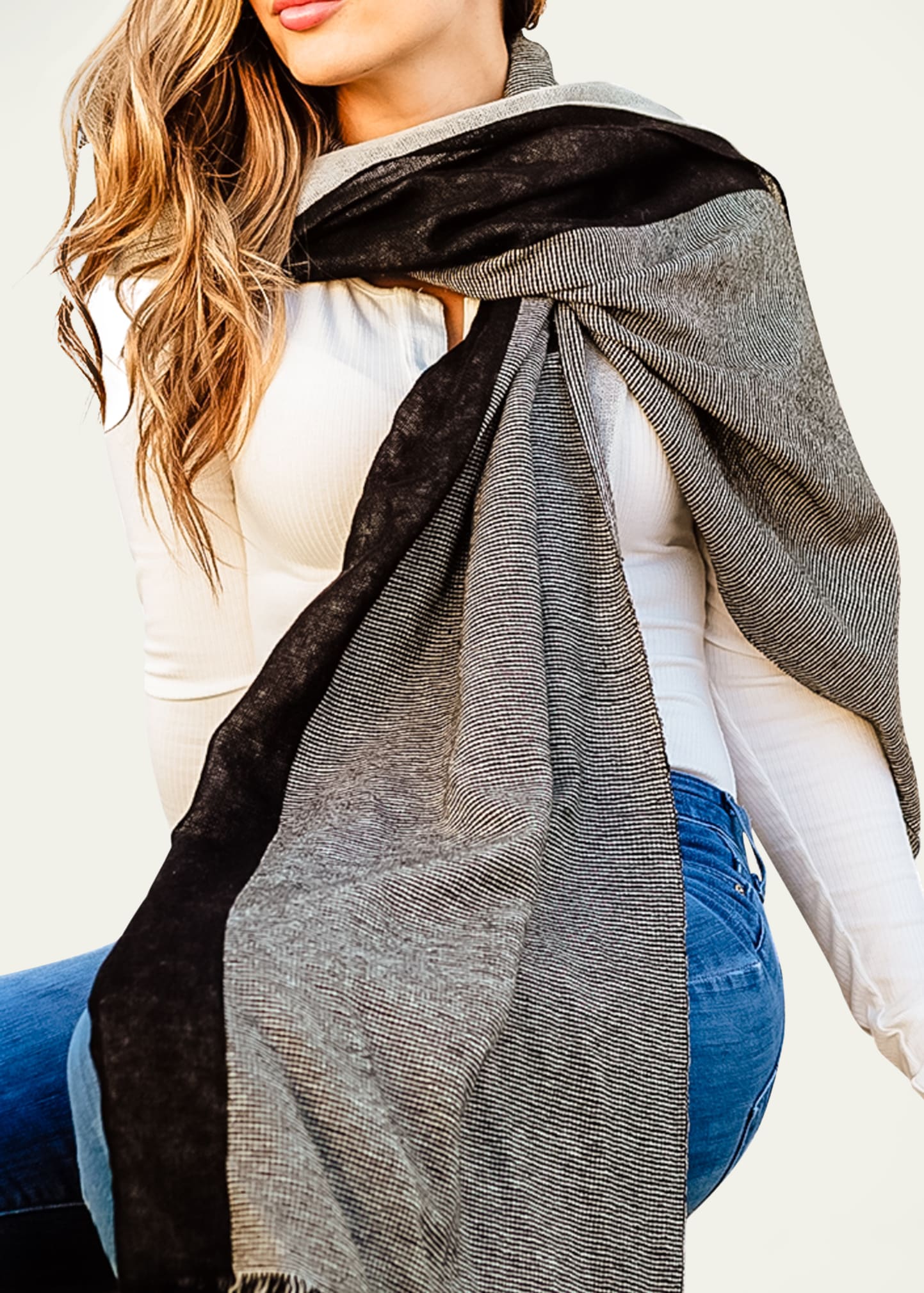 Ian Saude Two-tone Tweed Cashmere Scarf In Charcoal/coffee