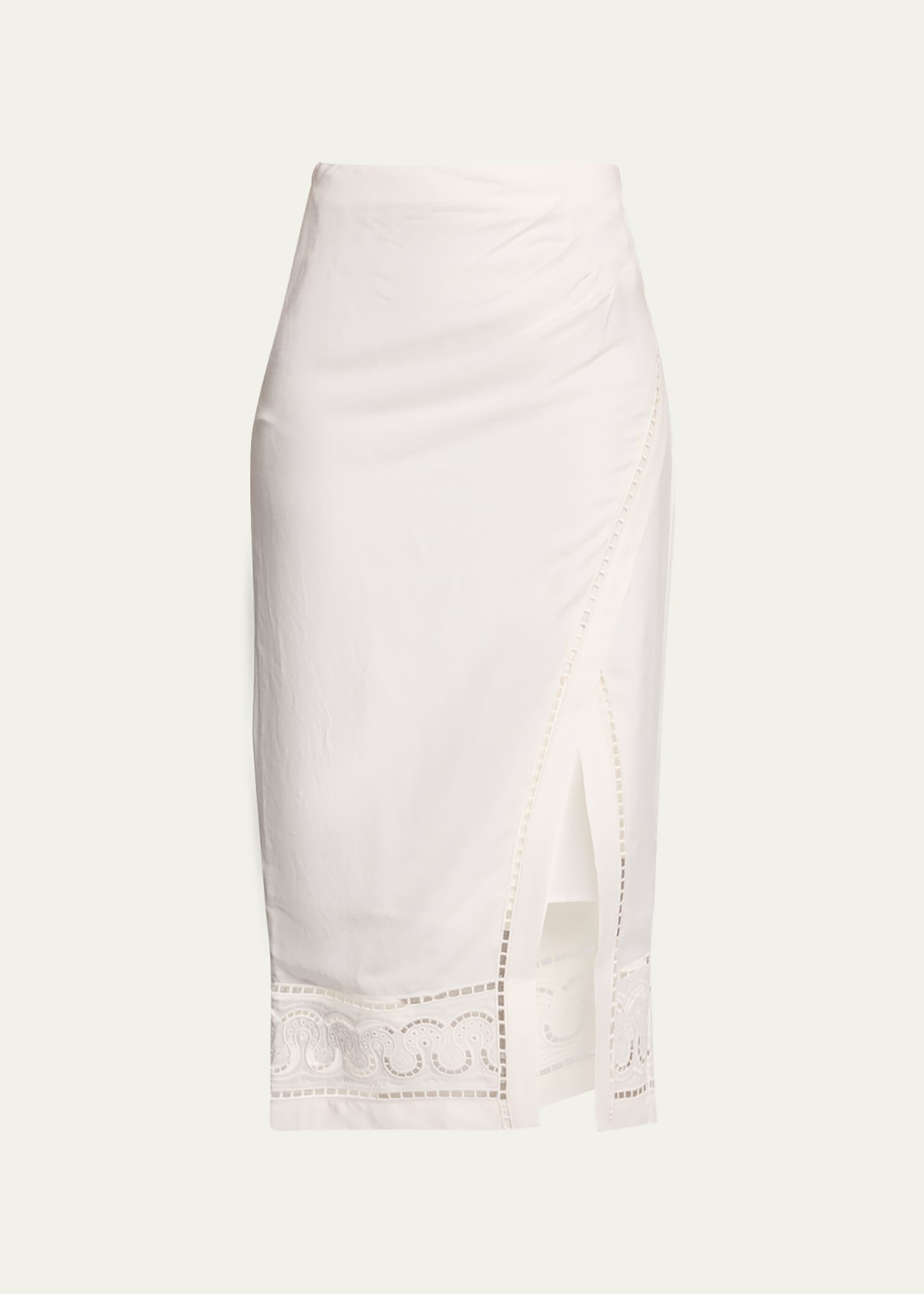 SIMKHAI JUSTINE SCARF EMBROIDERED LINEN DRAPED MIDI SKIRT