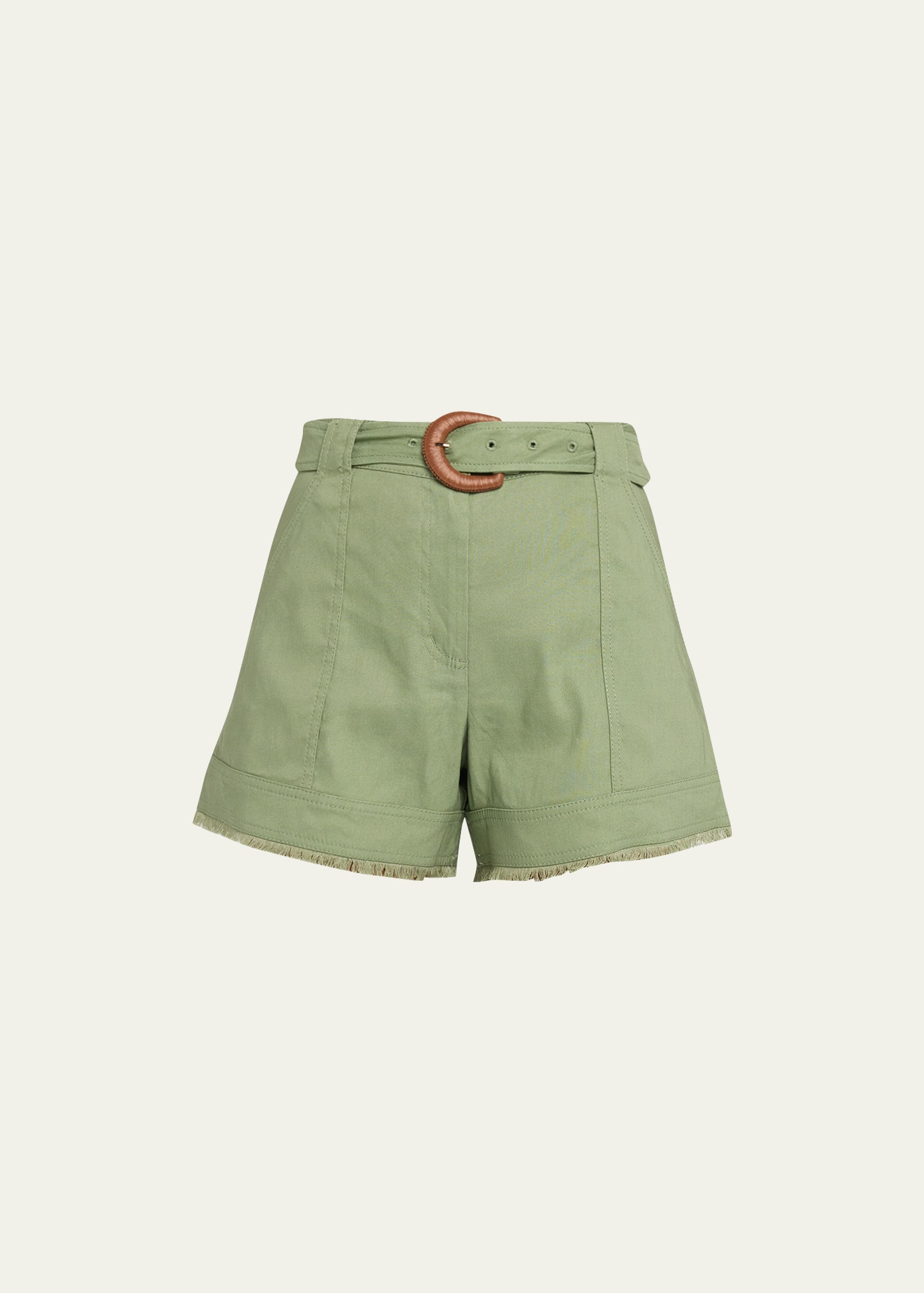 Shop Simkhai Belted Linen Twill Shorts In Verde
