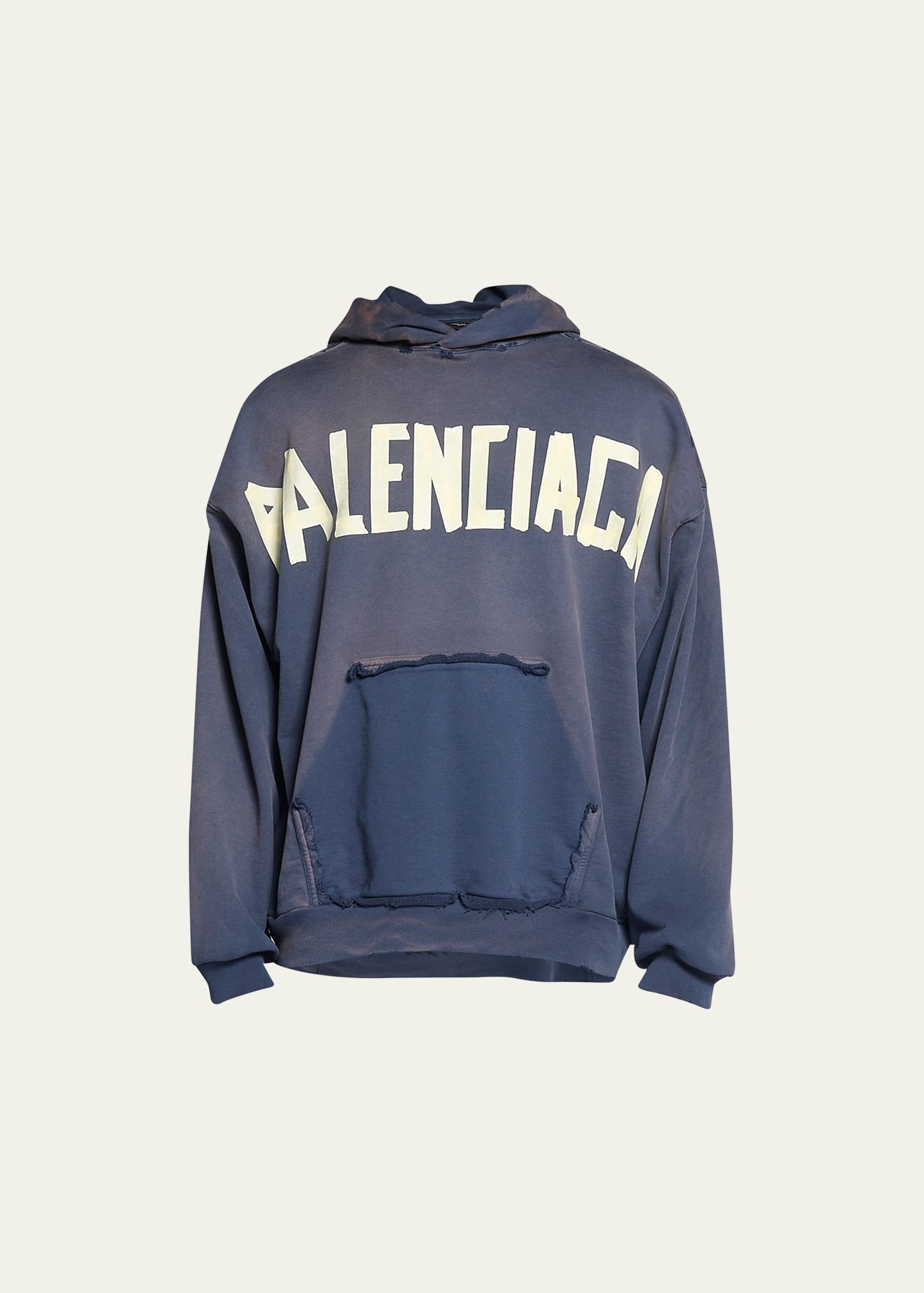 Balenciaga Men's Taped Logo Hoodie With Ripped Pocket In Marine