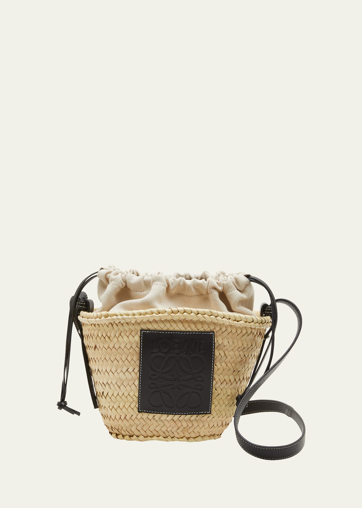 Loewe X Paula's Ibiza Drawstring Straw Bucket Bag In Natural/black
