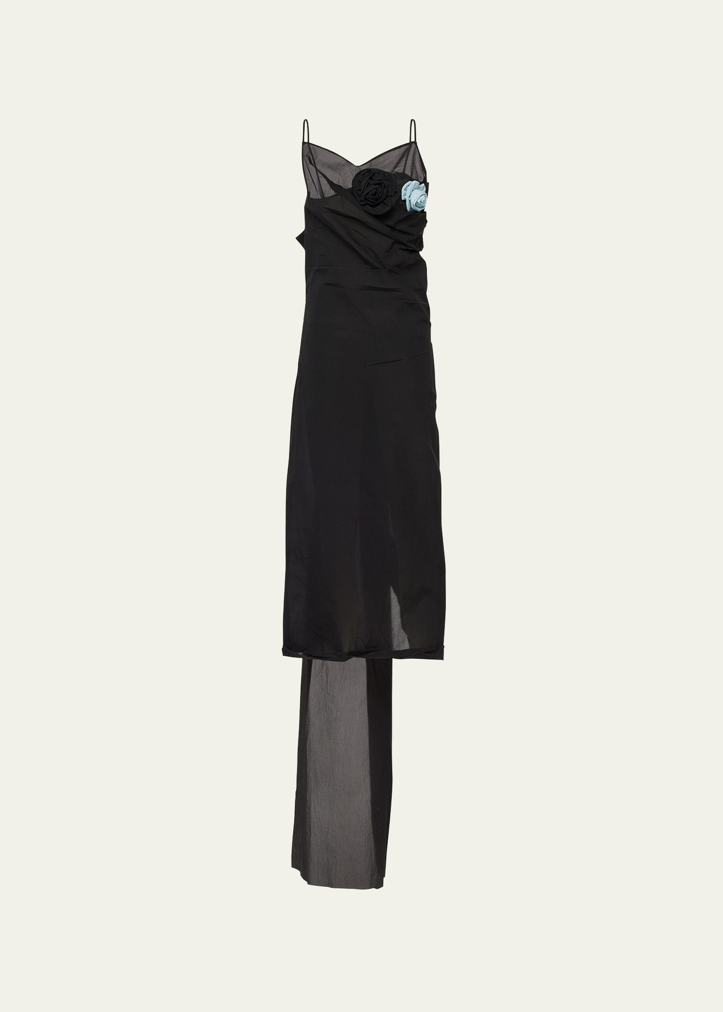 Prada Floral Applique Crepe Draped Dress In Black