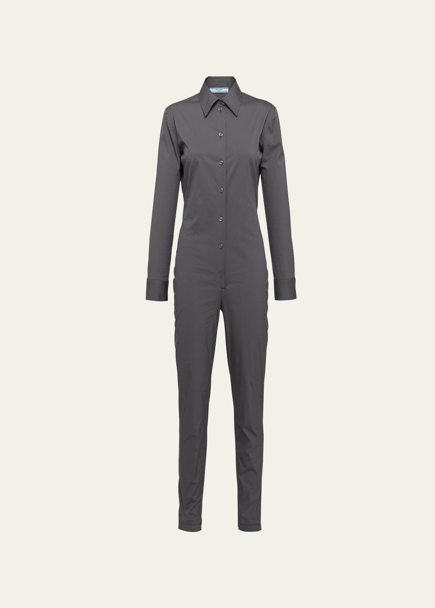 Prada Collared Long-sleeve Skinny-leg Jumpsuit In F0112 Piombo