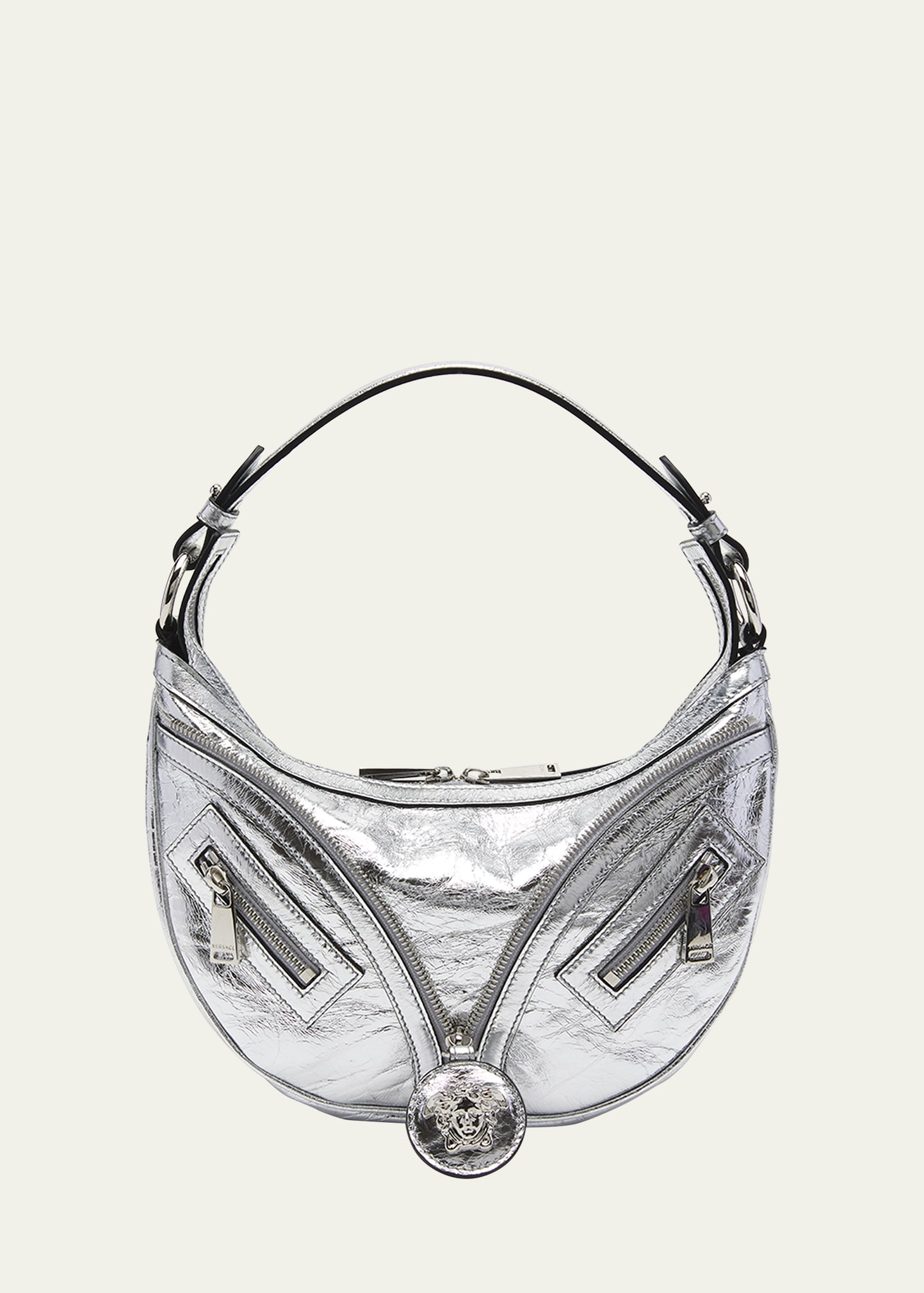 Versace La Medusa Repeat Small Metallic Top-handle Bag In Silver Palladium