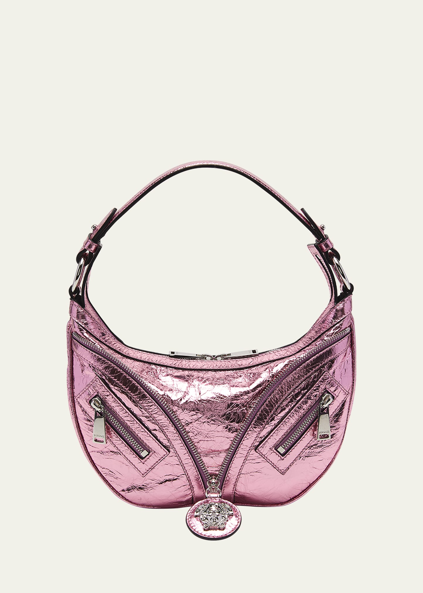 Versace La Medusa Repeat Small Metallic Top-handle Bag In Baby Pink/palladium