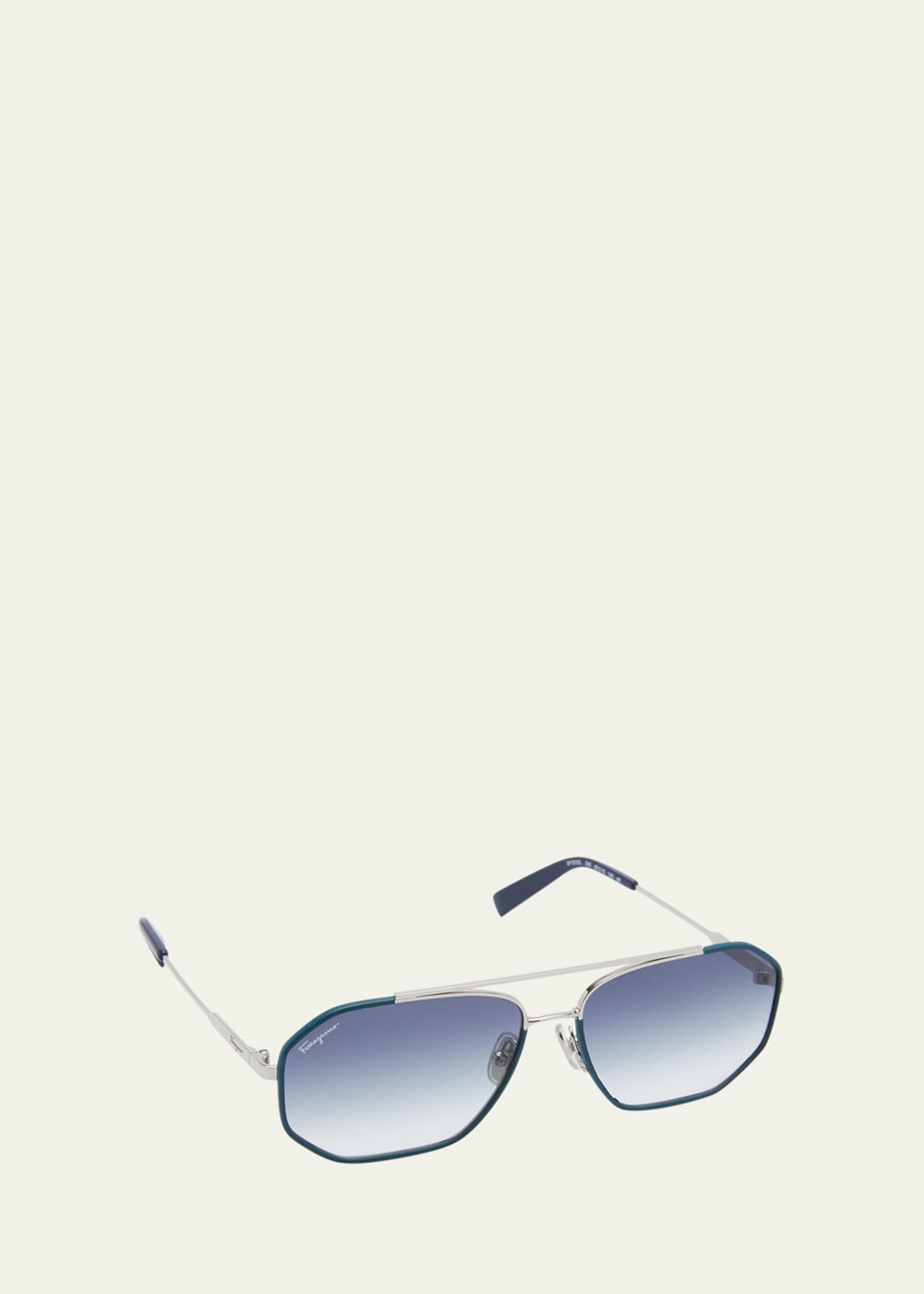 Ferragamo Men's Metal And Leather Navigator Sunglasses In Silver Octane Blu