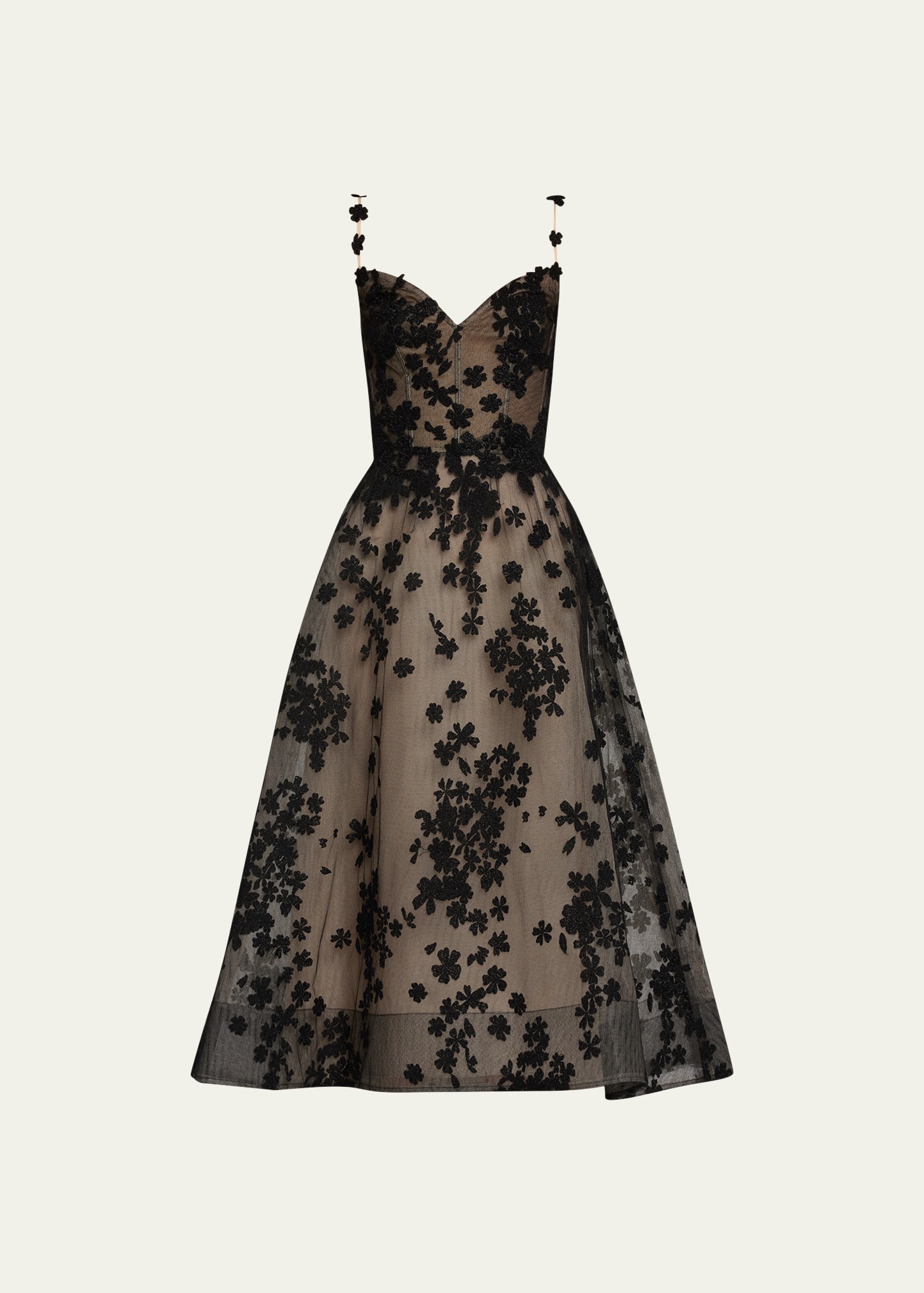 Floral Applique Tulle Fit-Flare Midi Dress