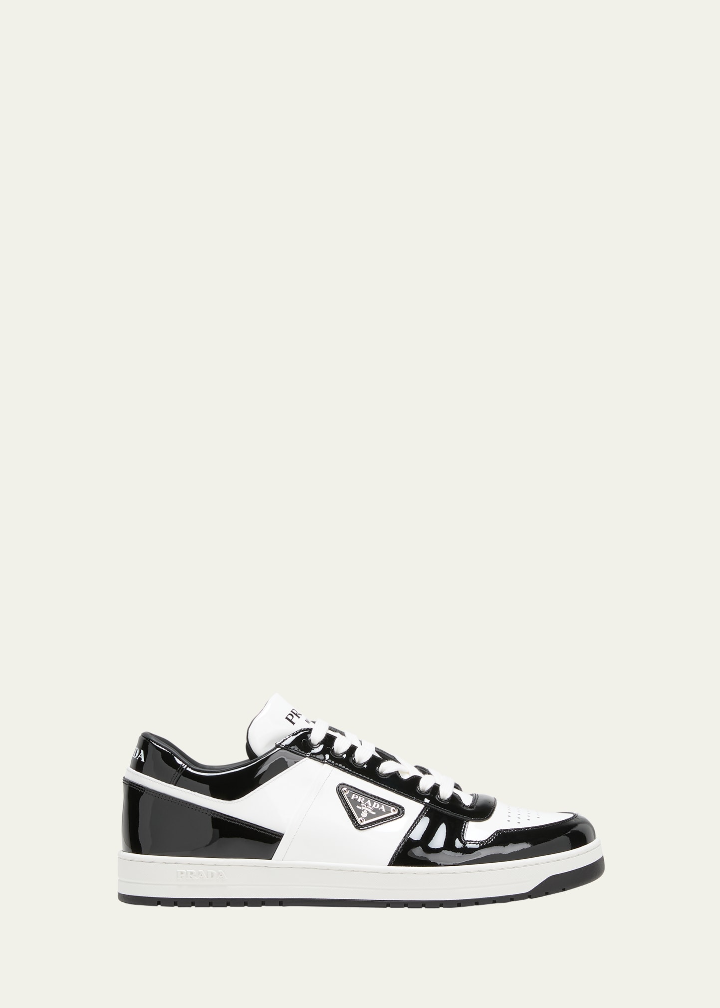 Prada Men's Downtown Patent Leather Low-top Sneakers In Black White