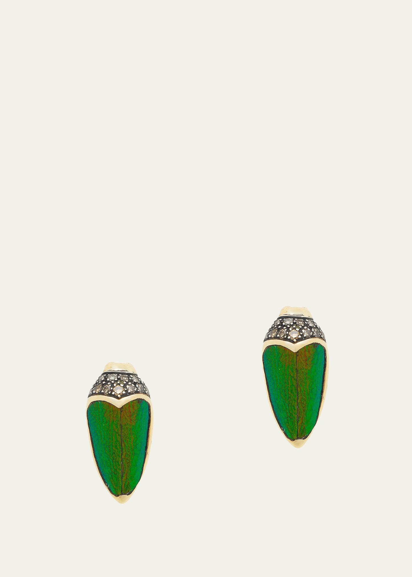 18K Yellow Gold Scarab Real Wing Stud Earring with Diamonds