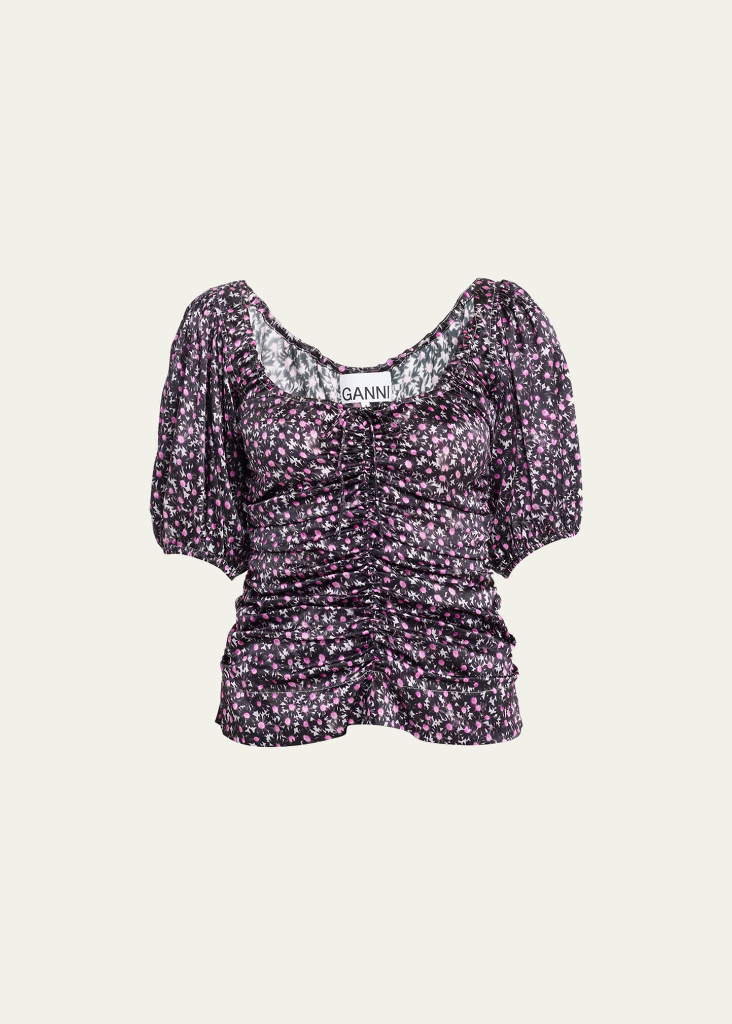Ganni Ruched Silk-stretch Blouse In Black