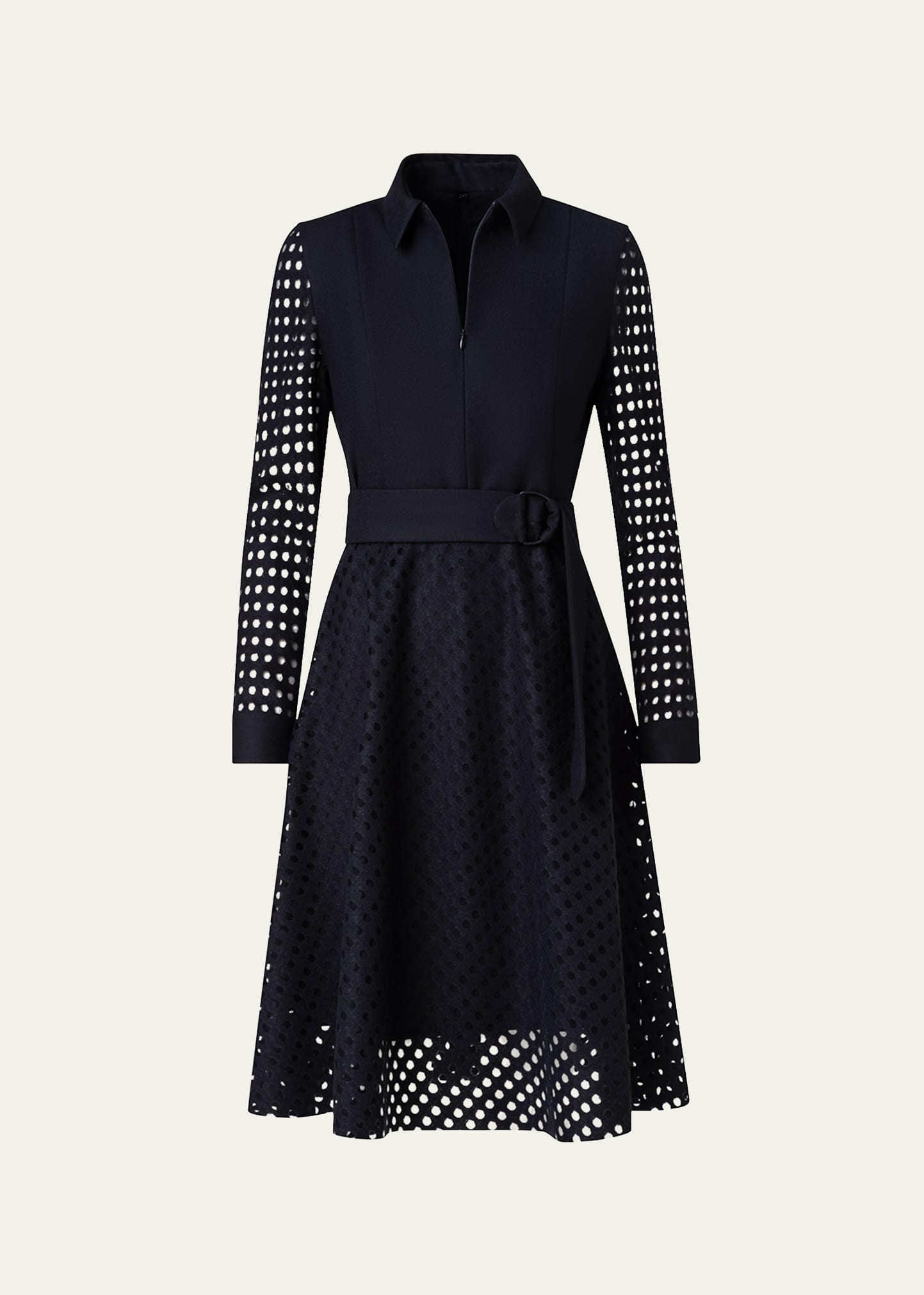 AKRIS PUNTO WOOL FLANNEL DRESS WITH VELVET BURN-OUT DOTTED DETAILS