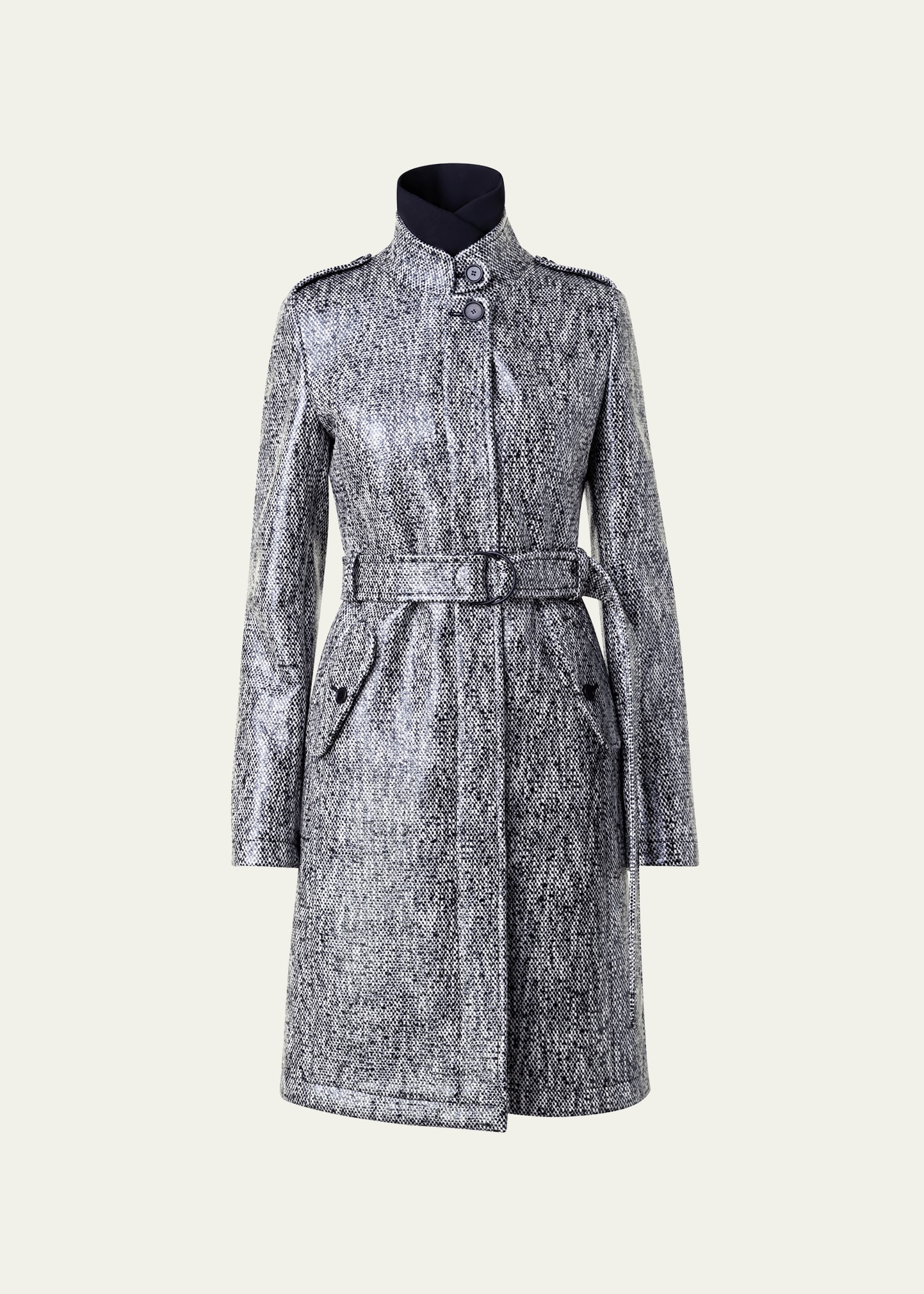 AKRIS PUNTO LACQUERED TWEED TOP COAT WITH REMOVABLE QUILT INSERT