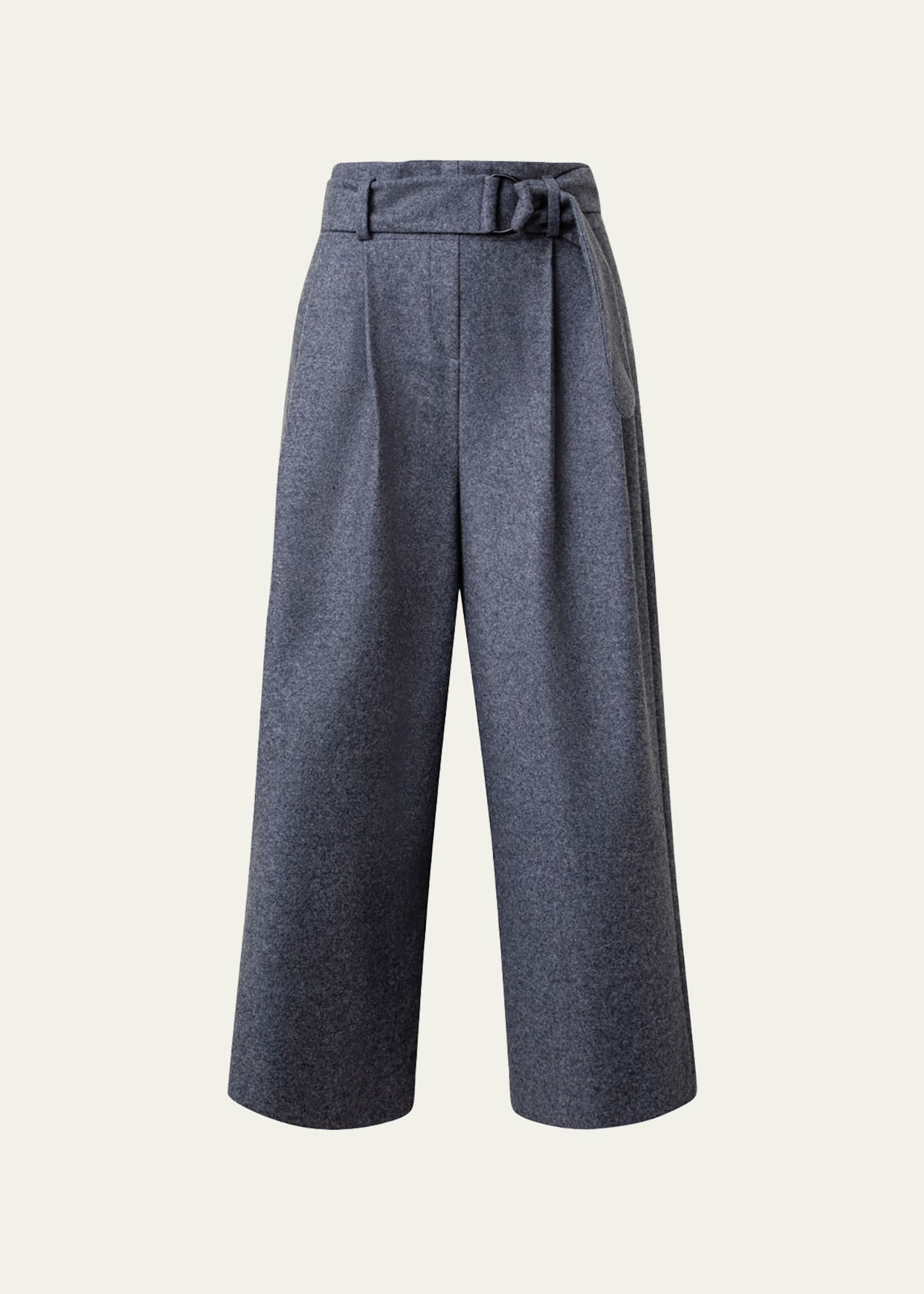 Belted Wool Flannel Cropped Wide-Leg Pants