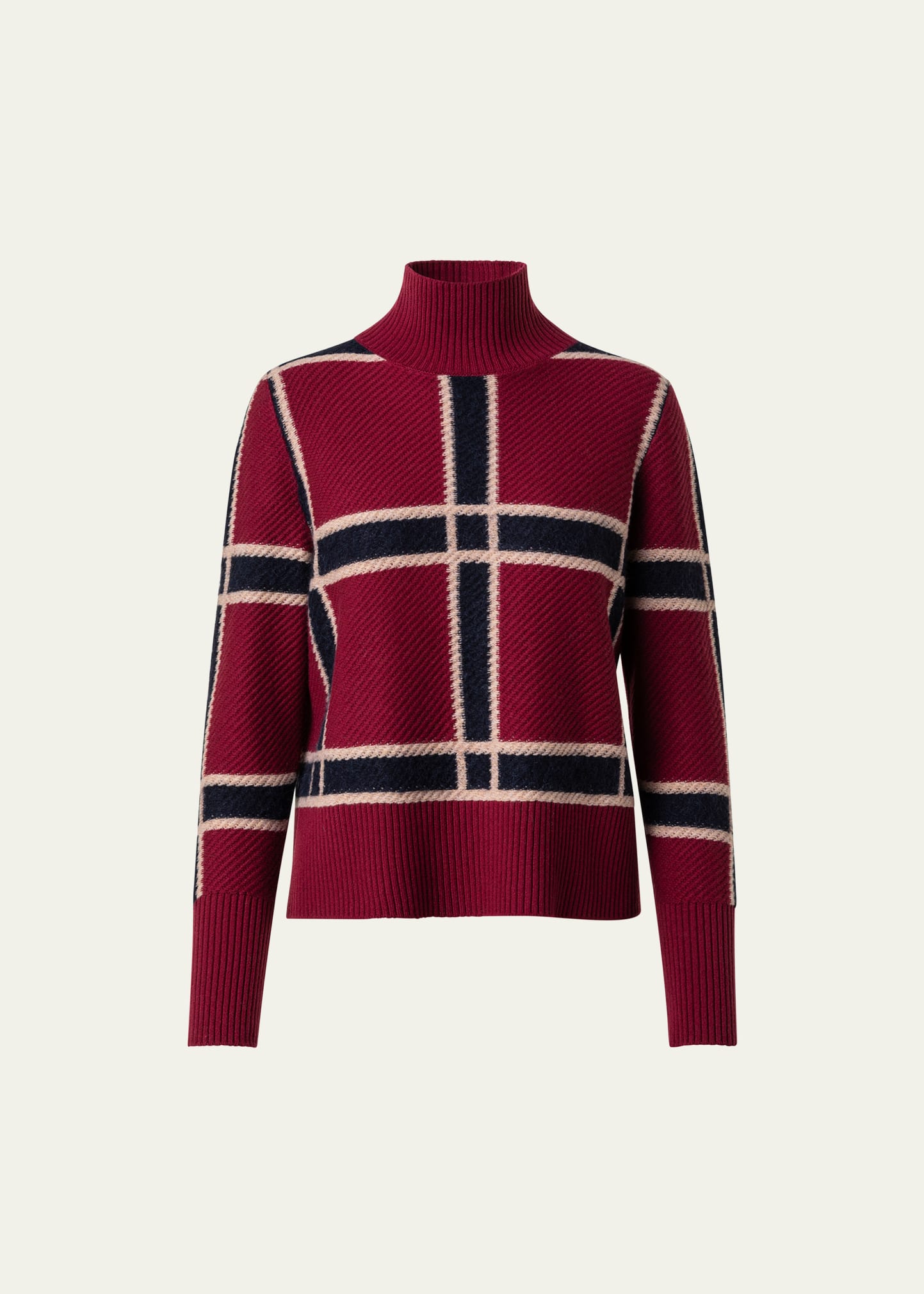 Wool-Cashmere Check Intarsia Mock-Neck Sweater