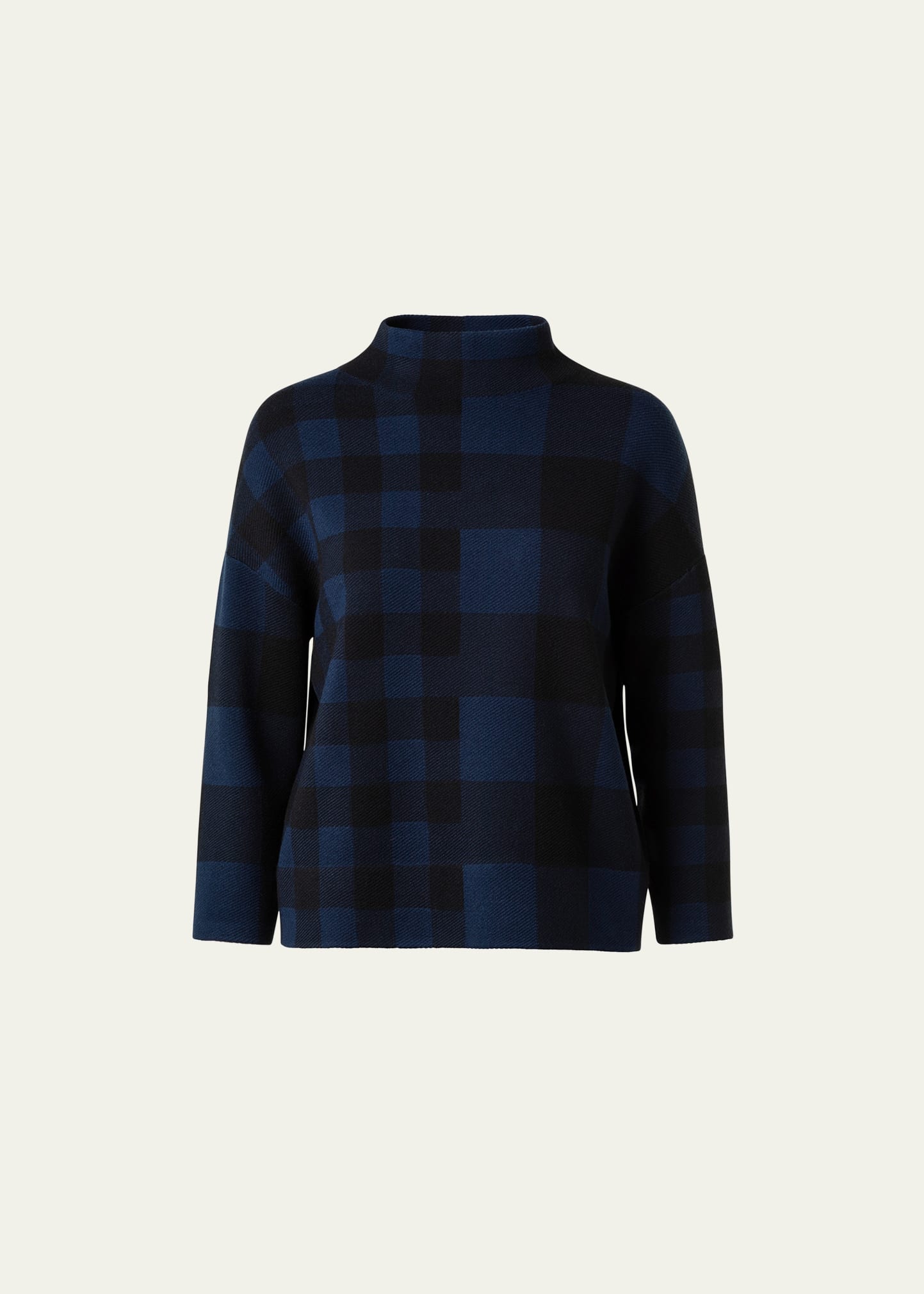 Merino Wool Gingham Jacquard Funnel-Collar Sweater