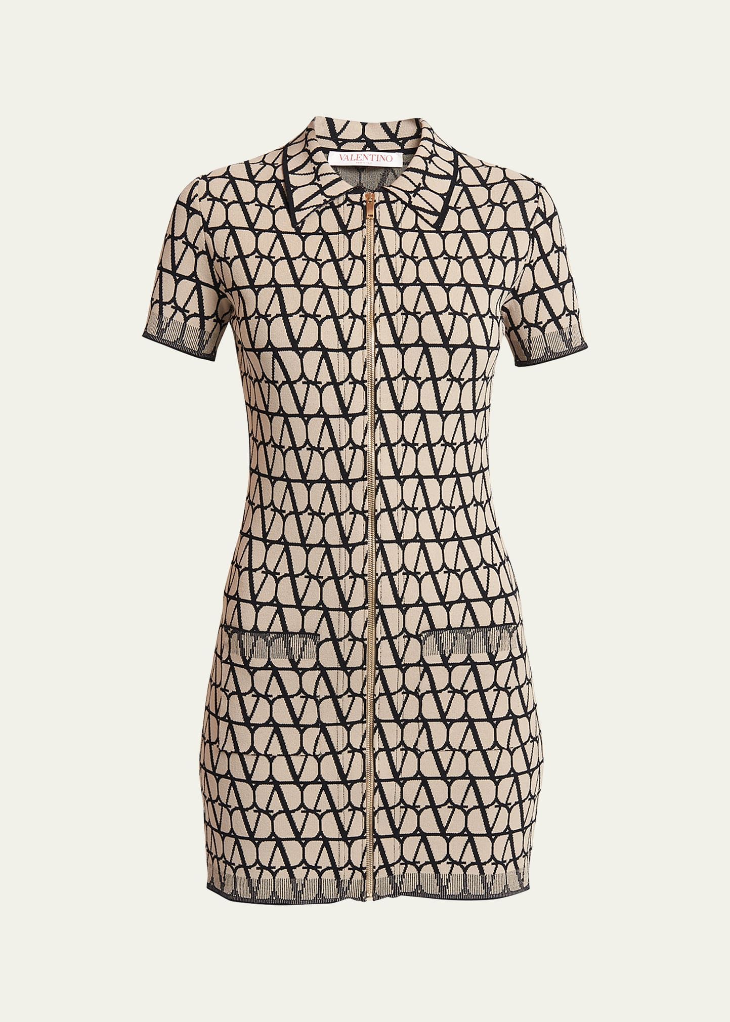 Shop Valentino Monogram Print Zip-up Mini Dress In Beigeblack