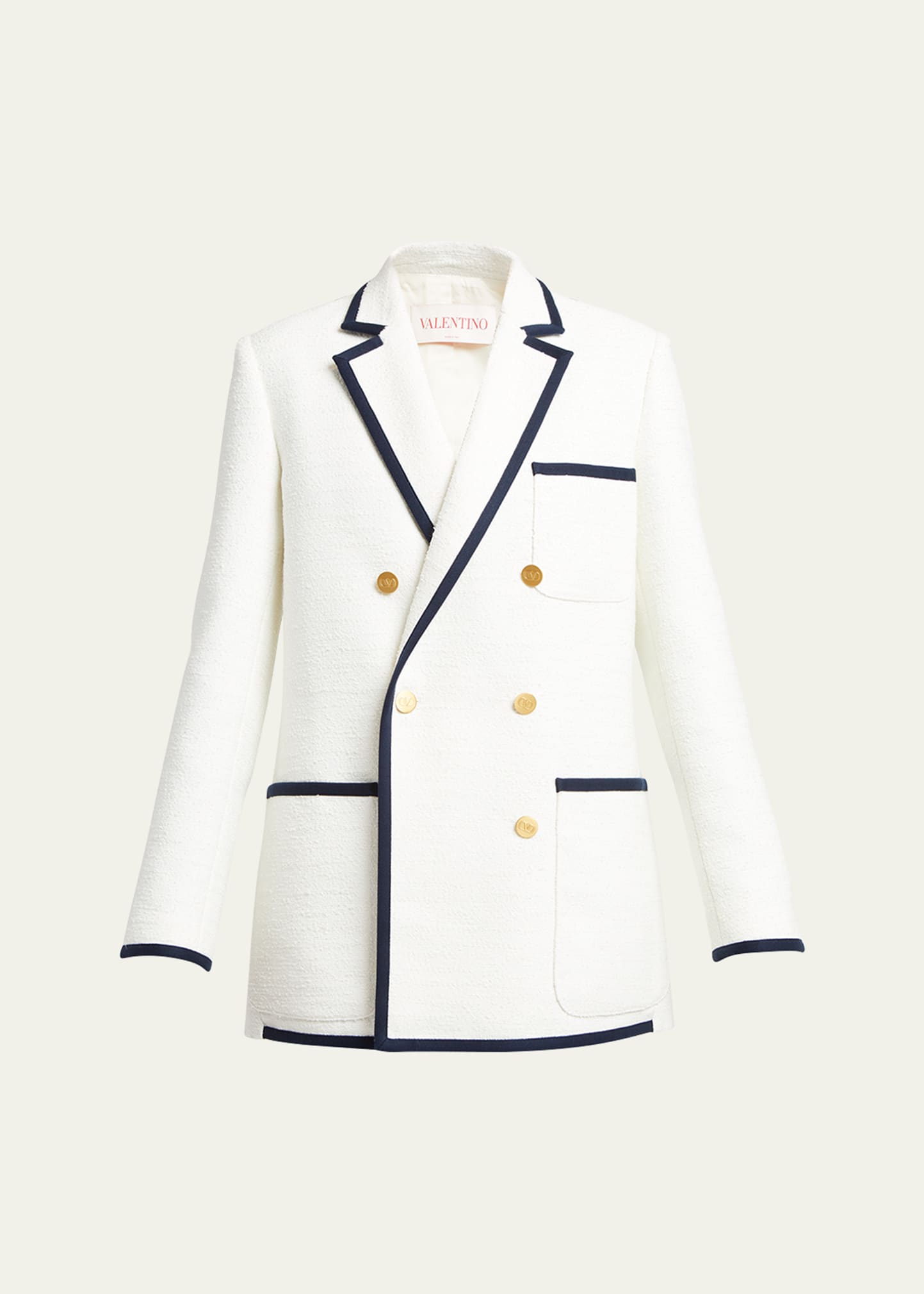Shop Valentino Crisp Tweed Blazer Jacket With Contrast Trim In Navy Cream